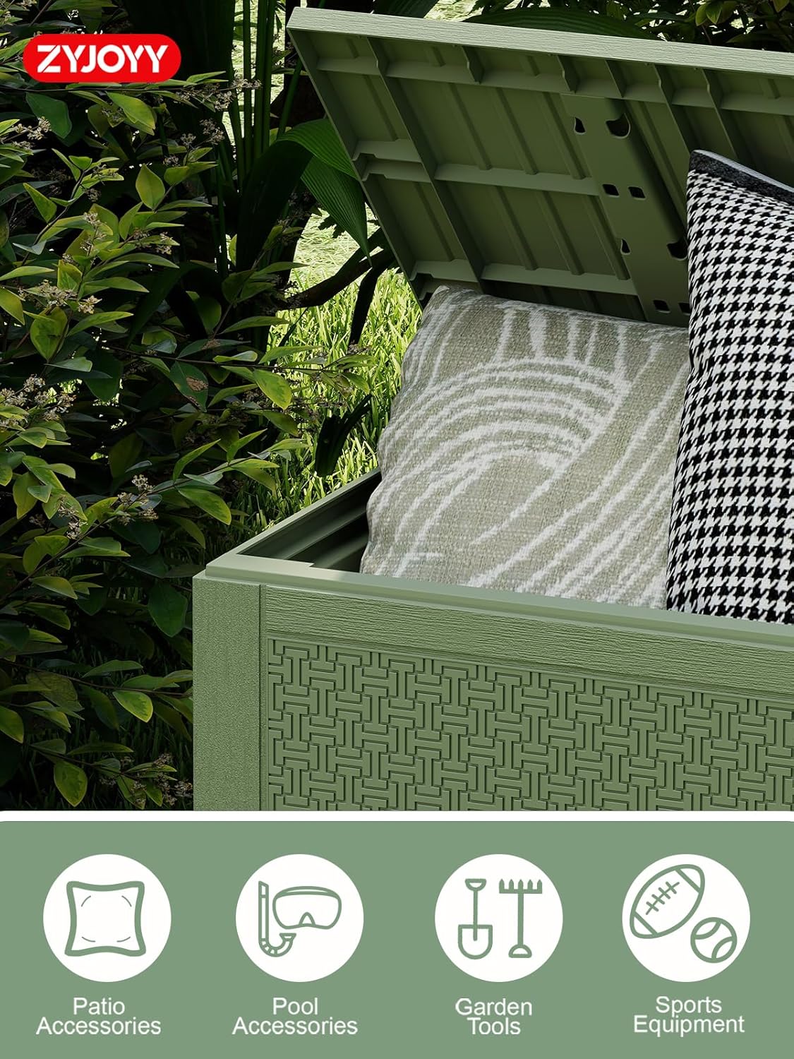 ZYJOOY 90 Gallon Outdoor Deck Storage Box, Lockable Waterproof Outdoor Storage Box, Resin Weather Resistant Container for Garden Tools, Indoor Cushions, Outdoor Accessories (Olive Green)
