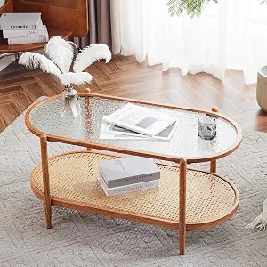 VINGLI 38-inch Glass Oval Coffee Table with Rattan Design
