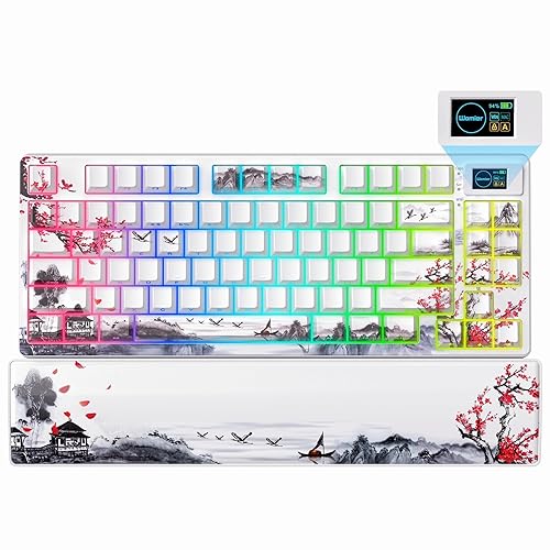 Womier 75% Keyboard with Color Multimedia Screen Wireless Gaming Mechanical Keyboard, Theme 3-Modes Hot Swappable Key Board w/Wrist Rest,SK80 PRO Gasket RGB Custom for Mac/Win,Red Plum - White