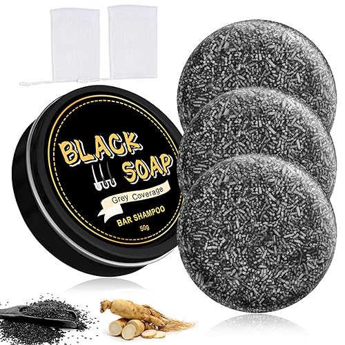 Atsy Jabón en barra de cabello gris, jabón negro natural para cobertura de cabello gris, barra de champú oscurecimiento con ginseng y sésamo negro,