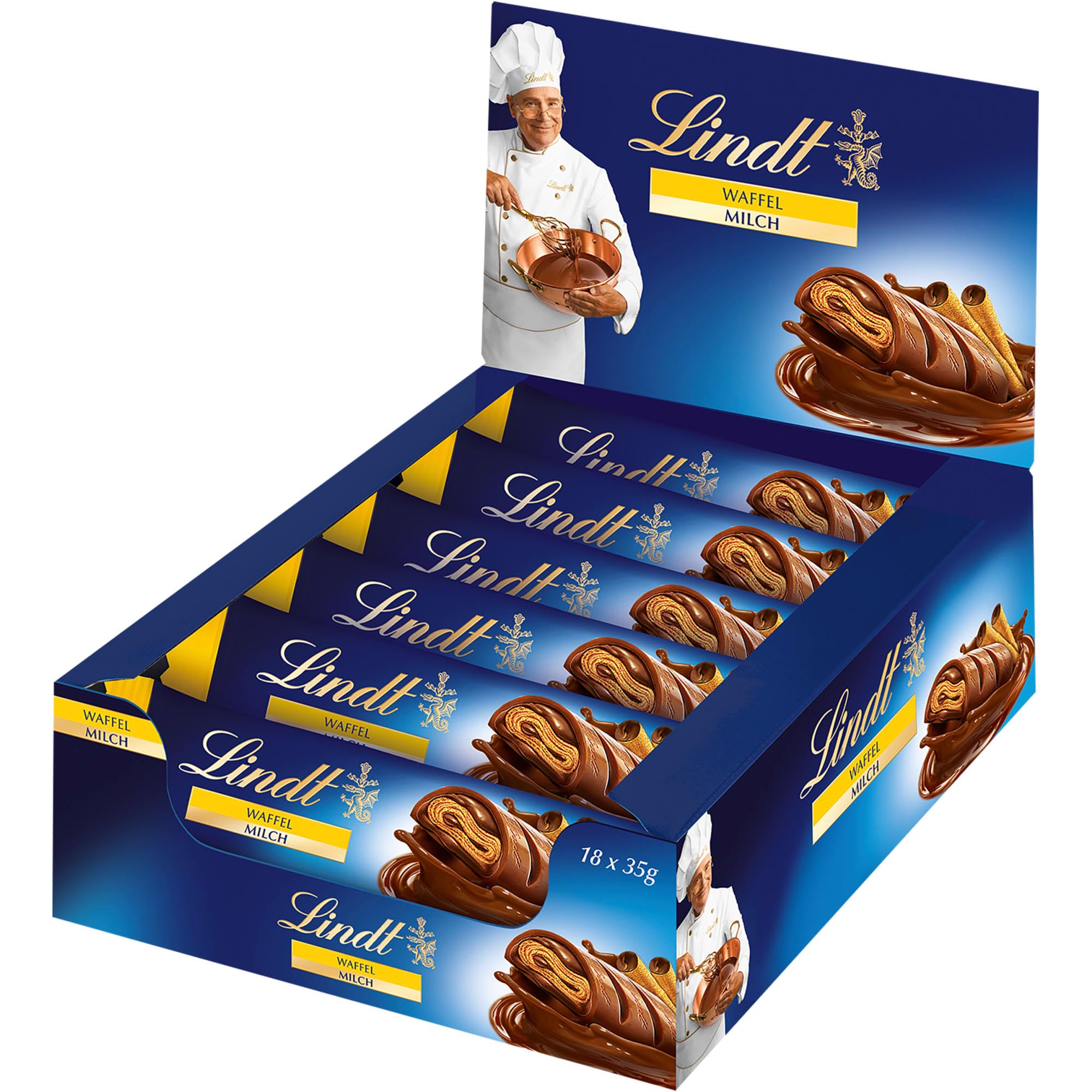Lindt Schokolade Waffel-Vollmilch Riegel | 18 x 35g im Thekendisplay | Knusprige Waffelblätter in feiner | Großpackung | Schokoladengeschenk | Schokoriegel