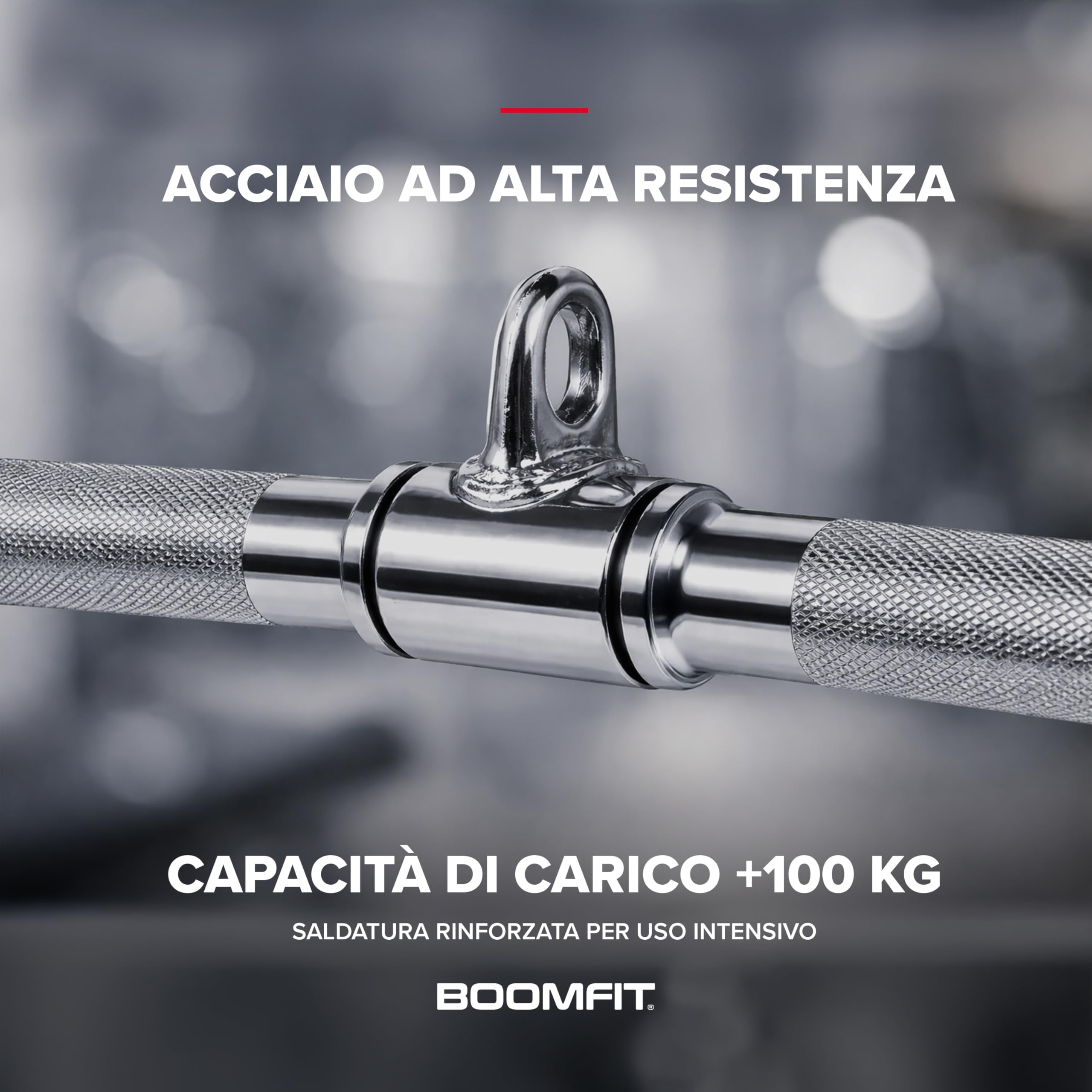BOOMFIT Barre per LAT Machine e Pulldown in Acciaio Cromato | Presa Larga Media e Multi Posizione per Dorsali Ampi e Schiena | 5 Modelli da 49 a 120 cm con Moschettone Universale | Attacco a moschettone universale a cambio rapido, compatibile con qualsias