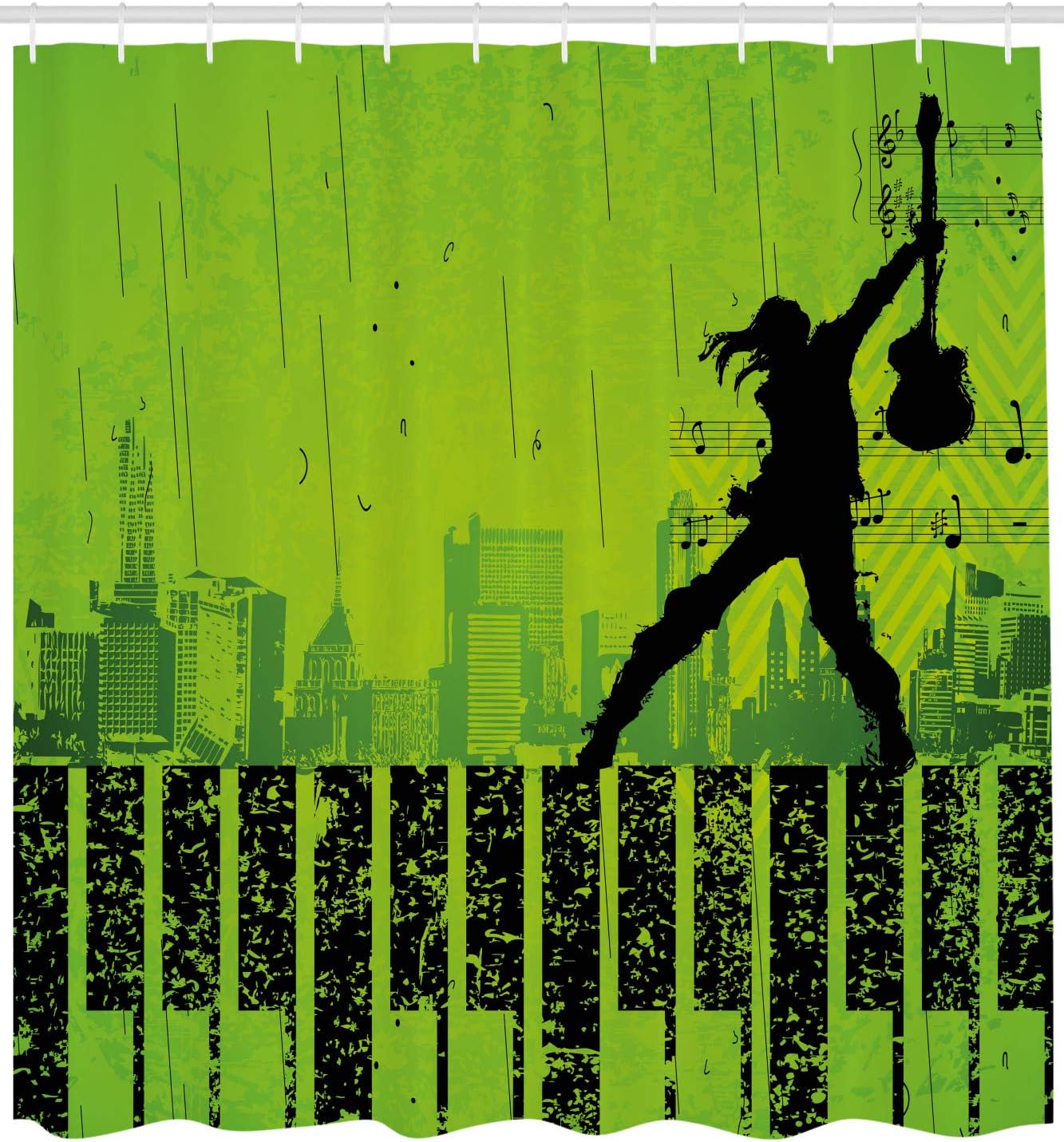 Ambesonne Popstar Party Shower Curtain, Music in The City Theme Singer with Electric Guitar on Grunge Backdrop, Cloth Fabric Bathroom Decor Set with Hooks, 69" W x 70" L, Green Black