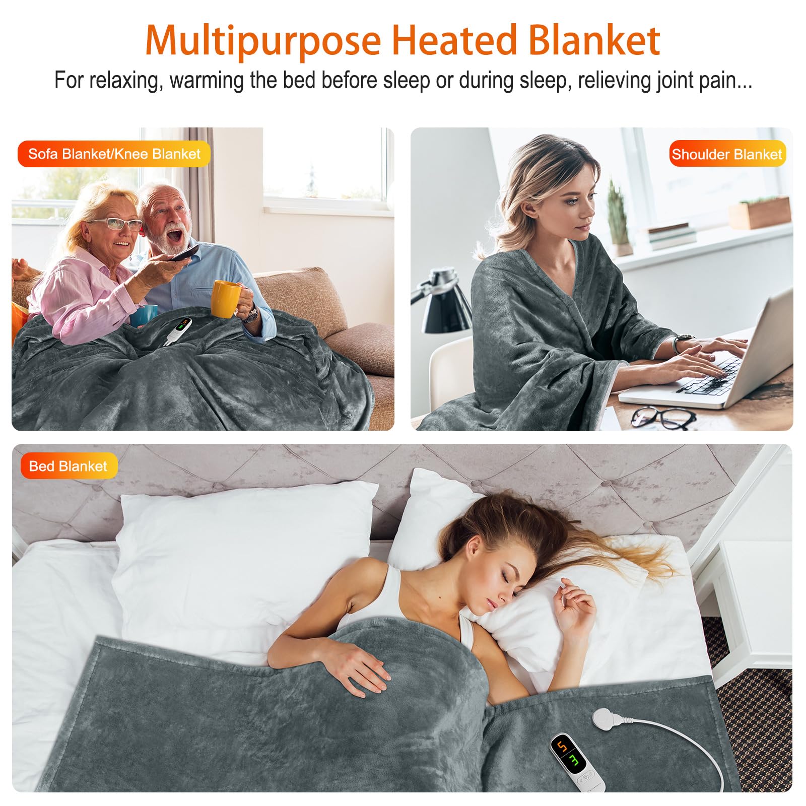 MYCARBON Coperta Elettrica Riscaldante 180x160cm, 6 Temperature da 30°C a 45°C, 9 Opzioni Timer 1-9h, Coperta Termica Matrimoniale Basso Consumo Lavabile(Grigio Chiaro)