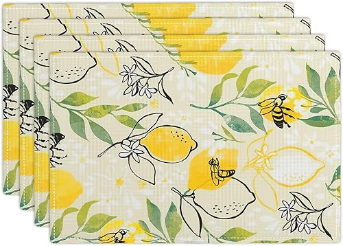 Vista 130 de Juego de 4 manteles individuales botánicos con diseño de flores, plantas botánicas, hojas de flores, rústico, floral, impermeable, lavable