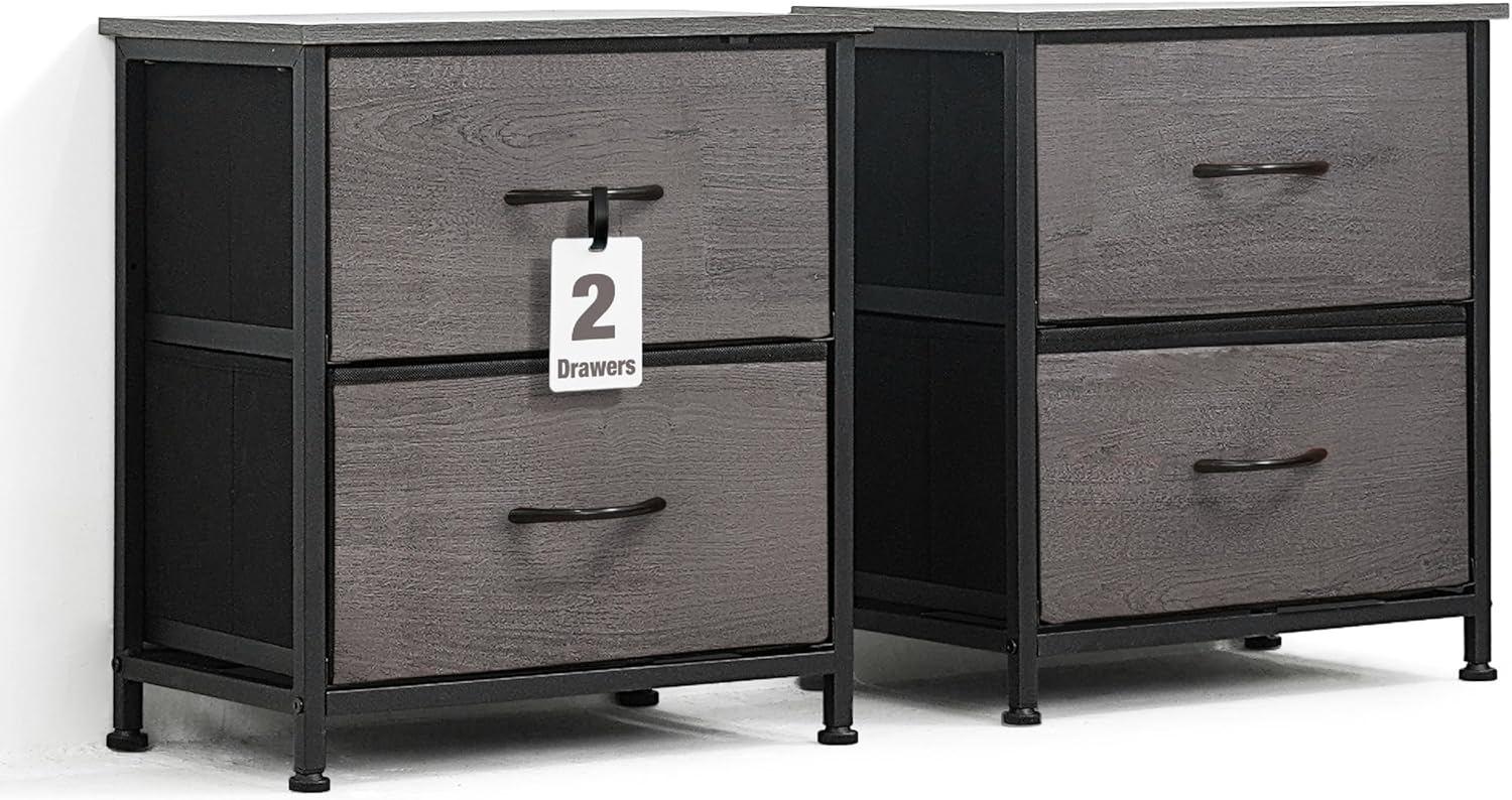 CAPHAUS Set of 2 Drawer Storage Tower w/ 2 Fabric Bins, Nightstand w/ 2 Drawers, Sorting Unit, Chest of Drawers, Organizer w/ P2 Board Top & Fabric Bins, Organizer Unit for Multi-purpose, Grey Oak