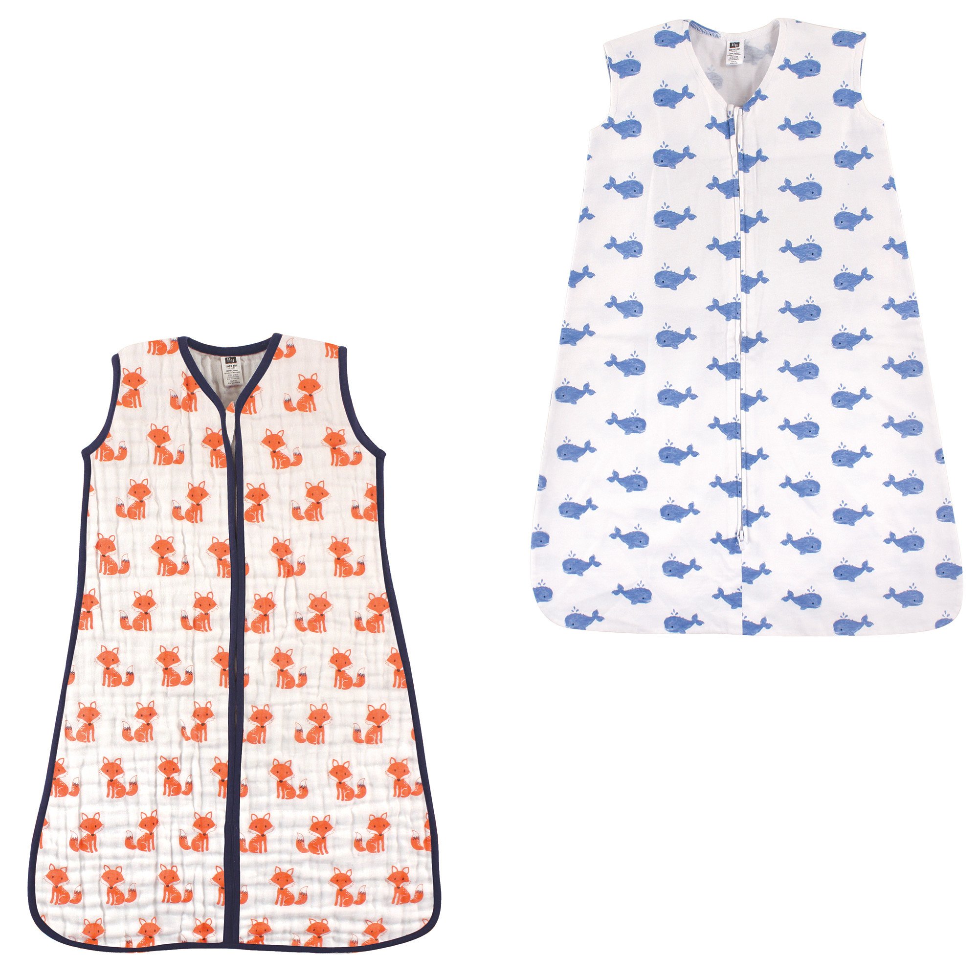 Hudson Baby Safe Sleep Wearable Sleeping Bag Muslin & Jersey Cotton, 2 Pack, Foxes/Whale, 18-24 Months