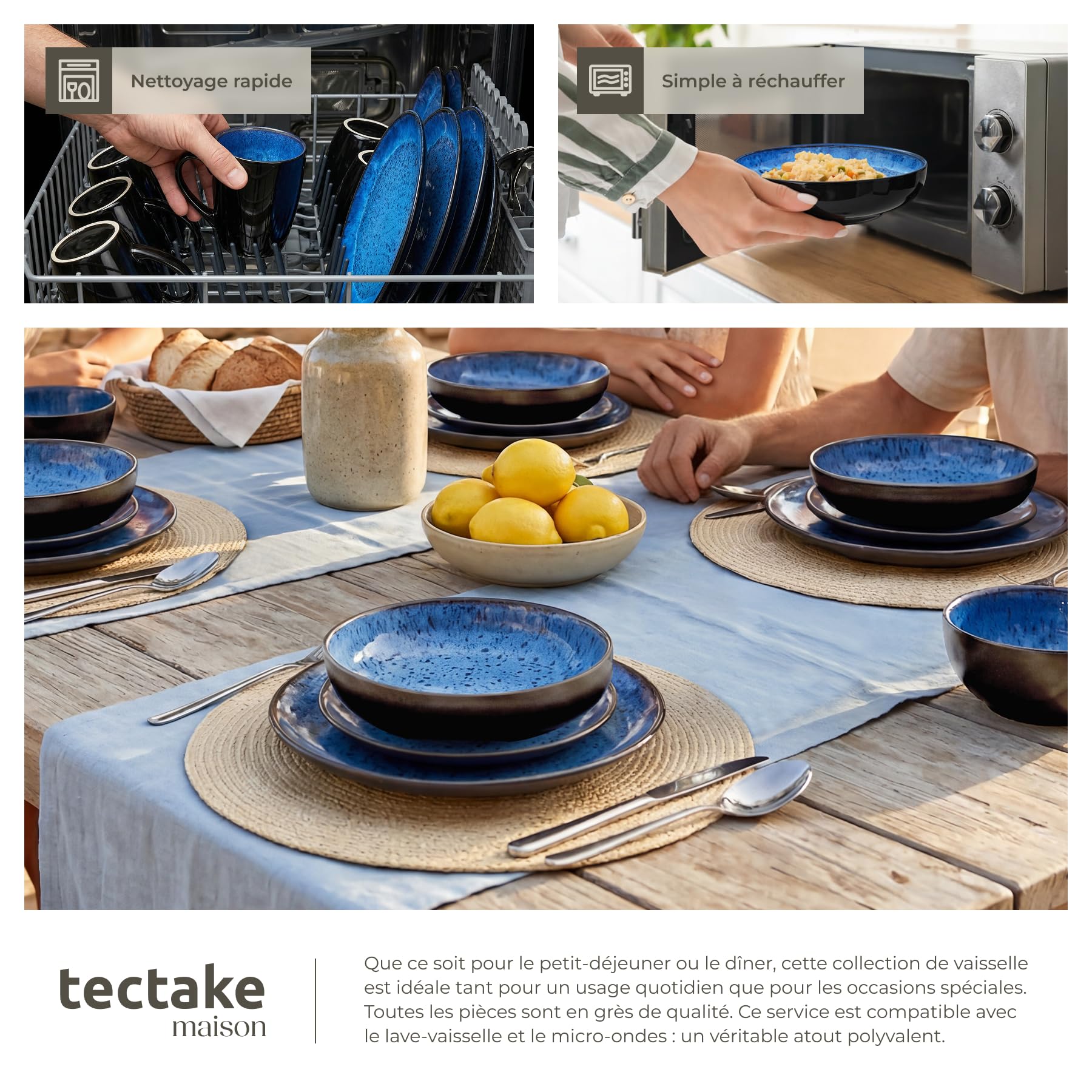 tectake® Service de table 24 pièces pour 6 personnes, Petites et Grandes Assiettes, Assiette creuse, Bols, Service vaisselle en faience, Vaisselle et Arts de la table, Set assiette et Bol, Bleu