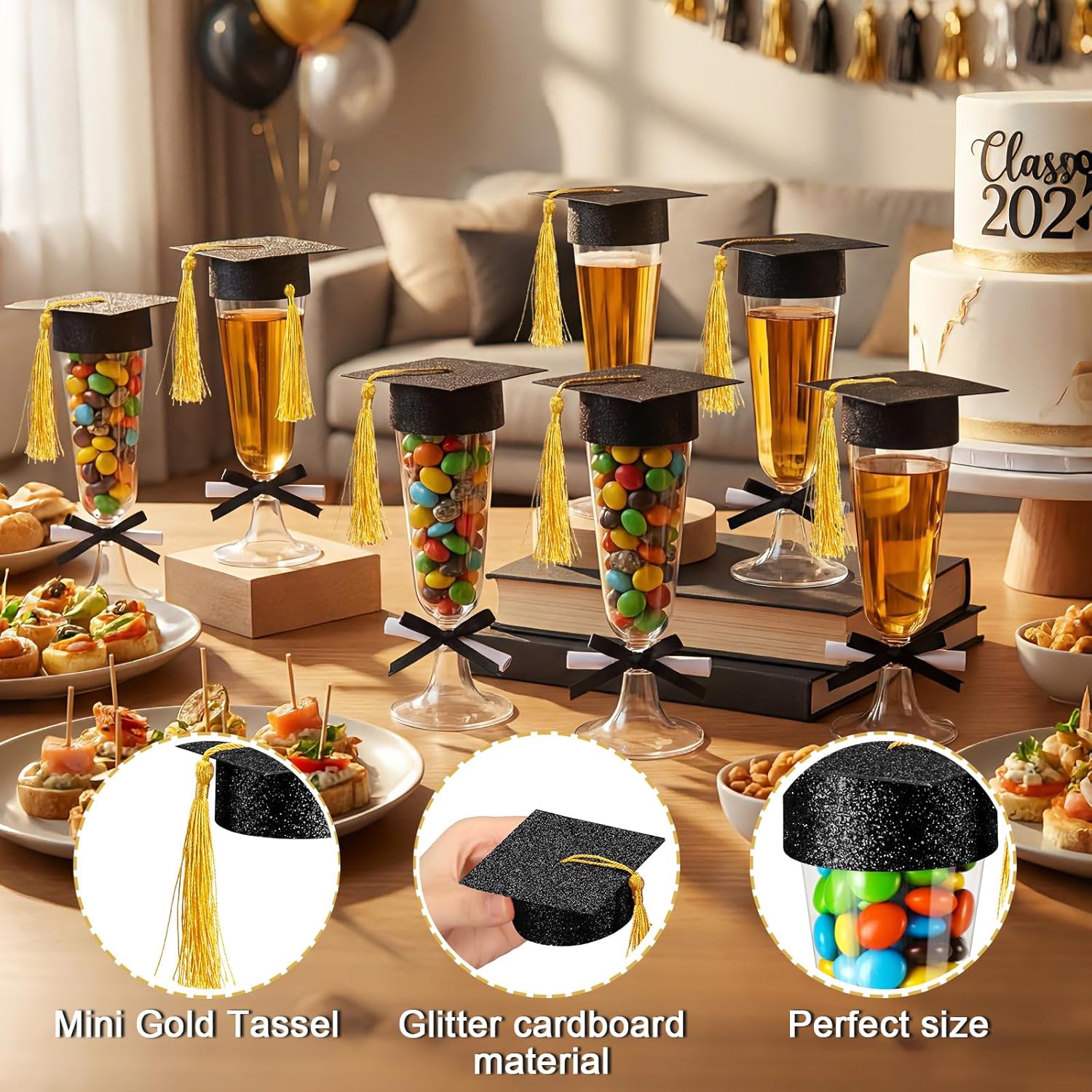24 Sets 2026 Graduation Party Decoration Plastic Champagne Flutes Mini Grad Cap Bottle Toppers Goblet Covers with Tassel and Scroll Diploma Black Bow DIY Graduation Cap Favors for Table Decor