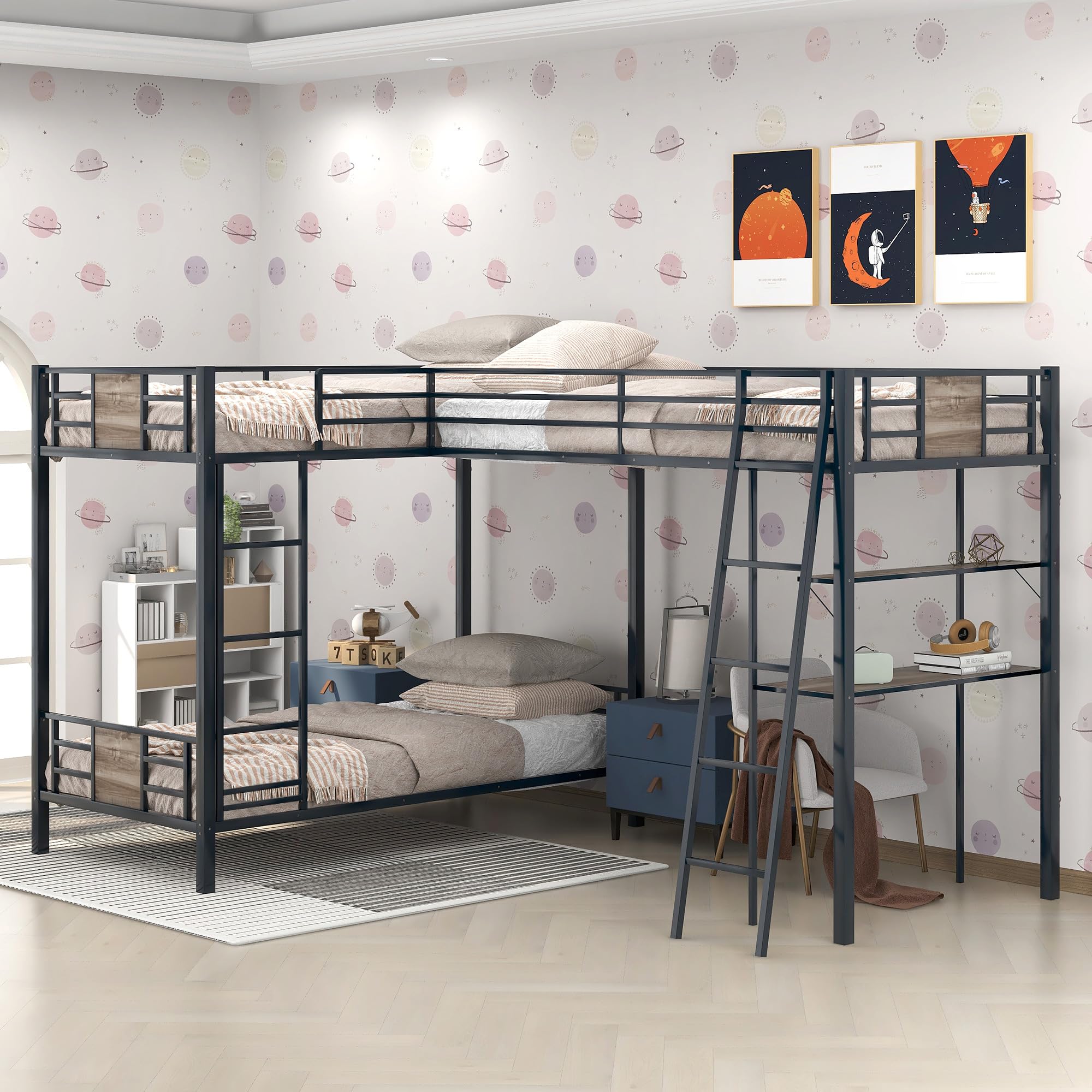 Wekuku L Shaped Twin Over Twin Bunk Bed with Twin Loft Bed, Desk Shelf Space Saving Kids Bedroom in Brown