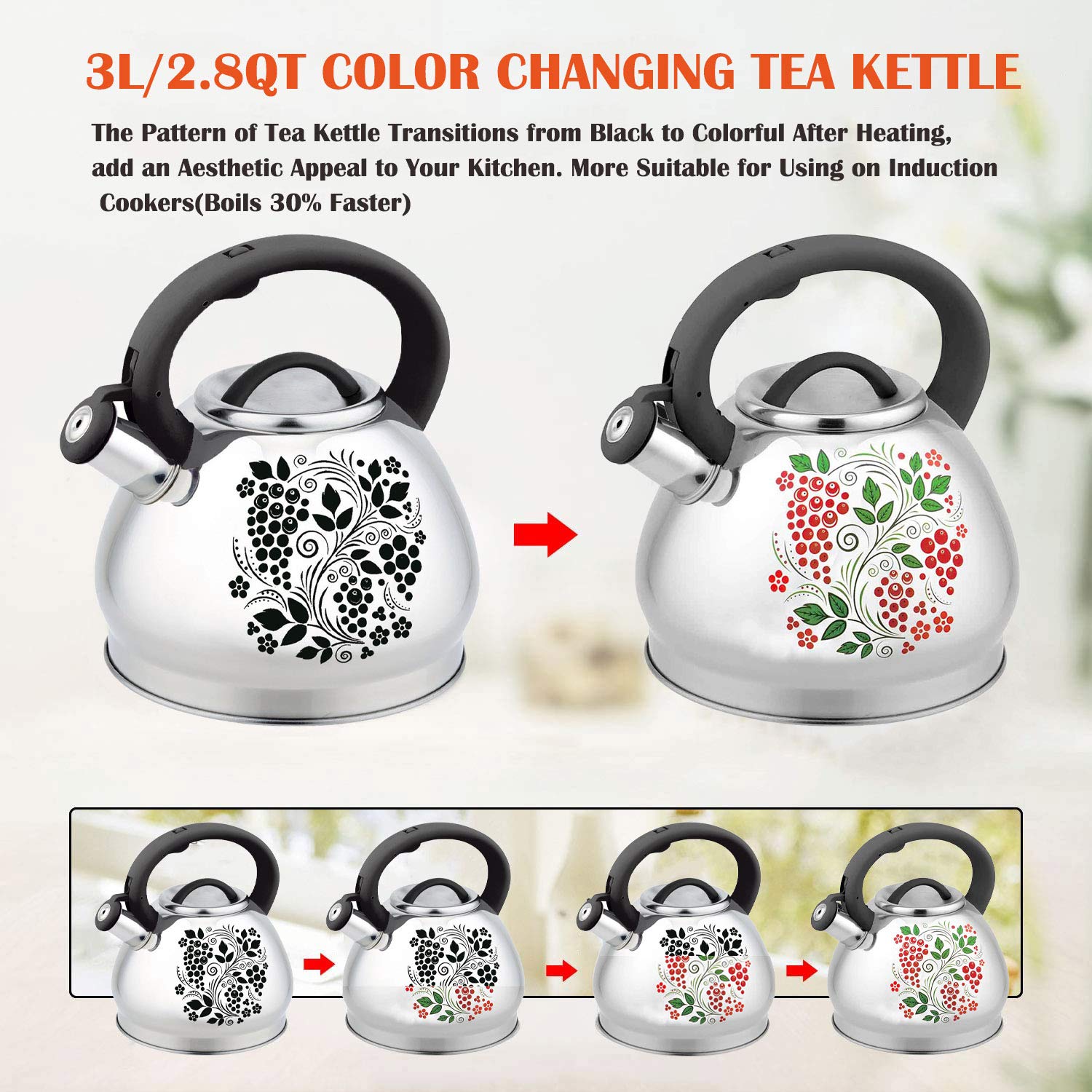 Hervidor de té para estufa silbando tetera – 3L grado alimentario de acero inoxidable 304 que cambia de color con asa fría, silbato fuerte y antioxidante, apto para todas las fuentes de calor (uva)
