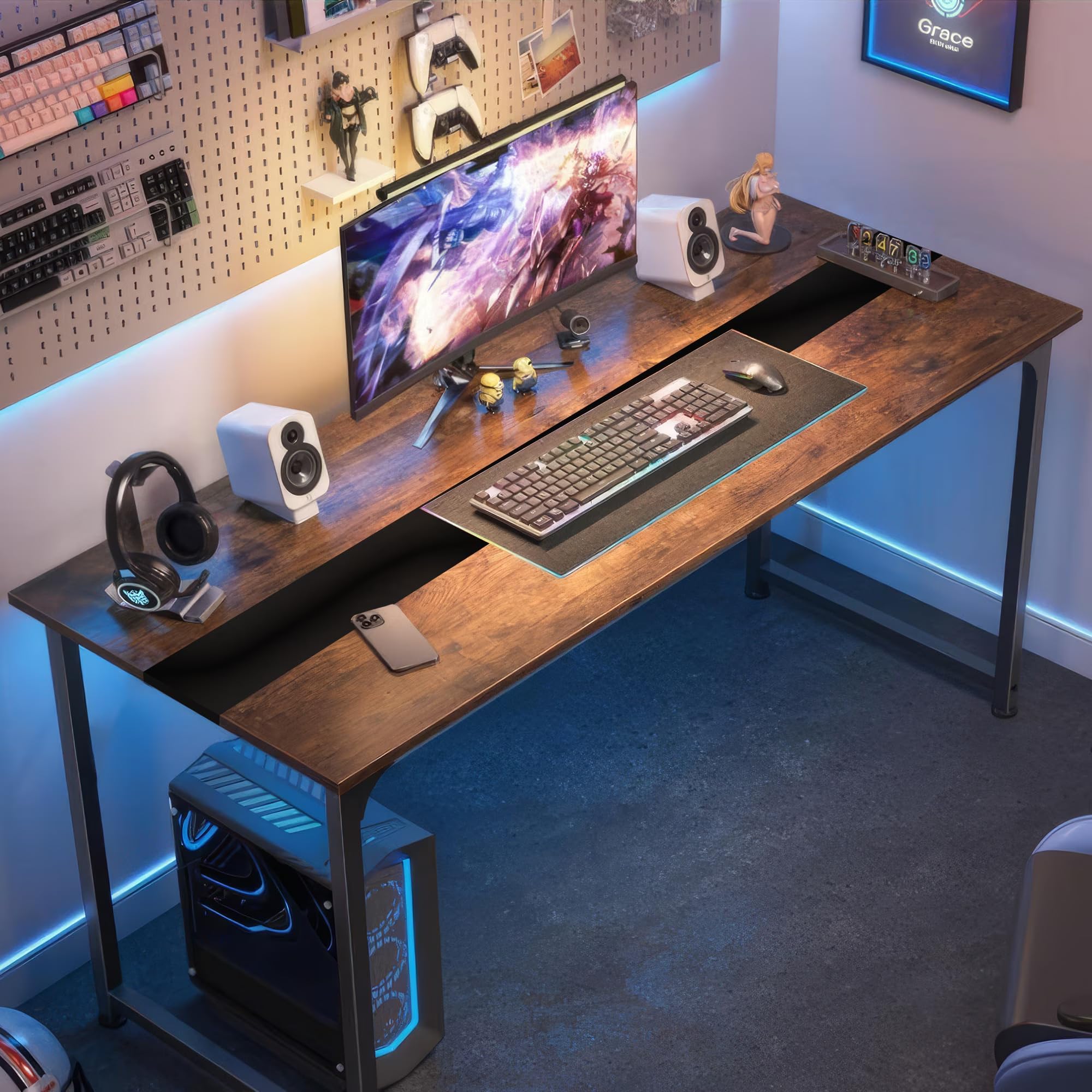 SANODESK Large Home Office Computer Desk, Modern Simple Wooden 70.9 Inch Gaming Desk, Study, Large Legroom, Metal Frame, Rustic/Black