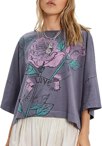 Womens Summer Vintage Graphic Tops Oversized Short Sleeve Trendy Tee Crop Lightweight Casual T Shirts