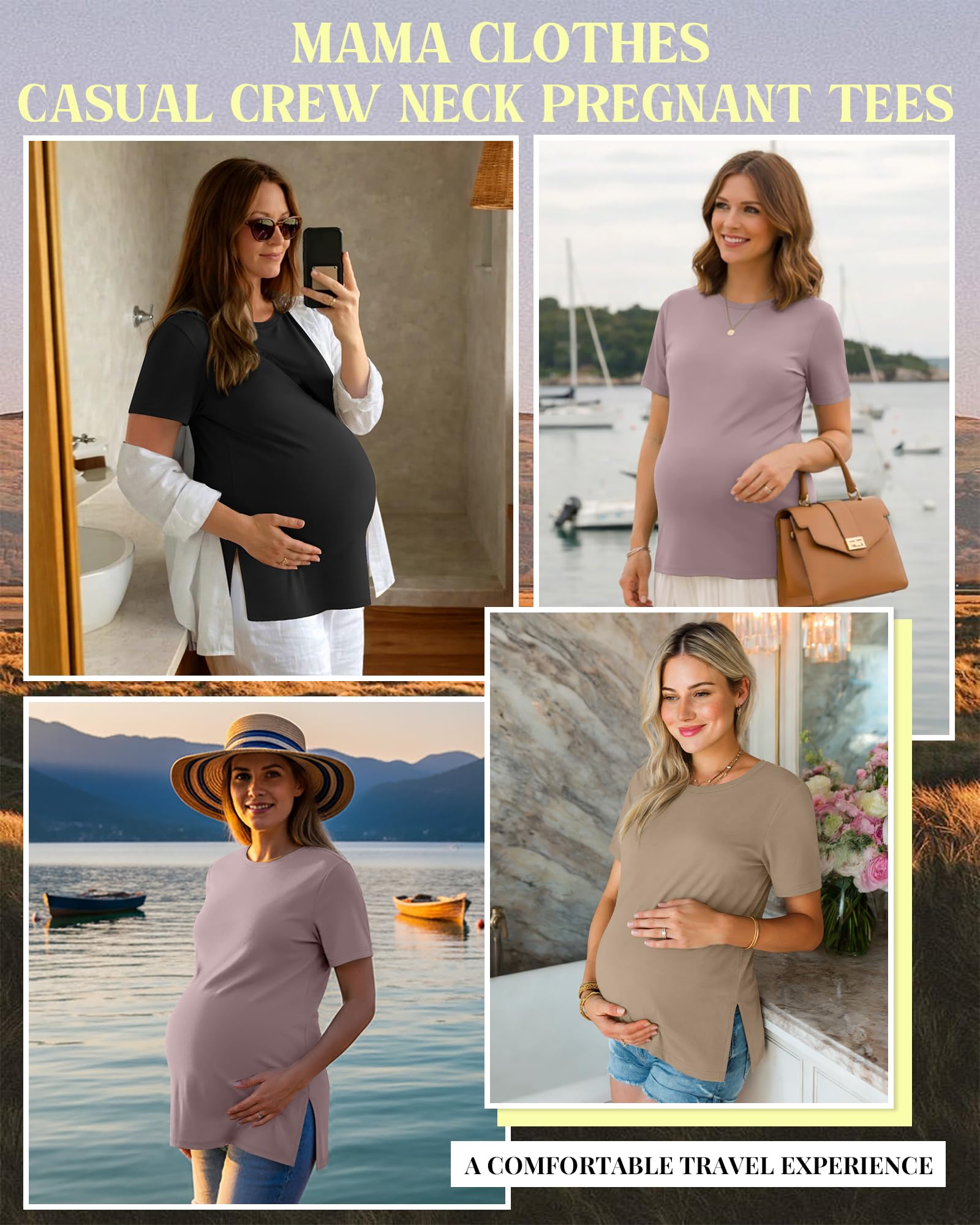Ficerd Lot de 3 T-Shirts de Maternité pour Femmes Enceintes, Manches Courtes, Fentes Latérales, Col Rond, Vêtements de Maman