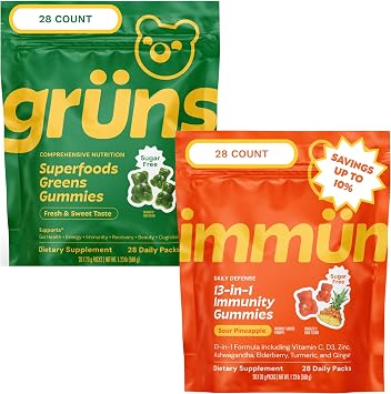 Gruns Multivitamin Greens + Immunity 13-in-1 Gummies, Sugar Free 2x28 | Superfood greens & immunity support gummies, gut health, vitamin C, zinc & D3, prebiotic fiber, adaptogens, sugar free