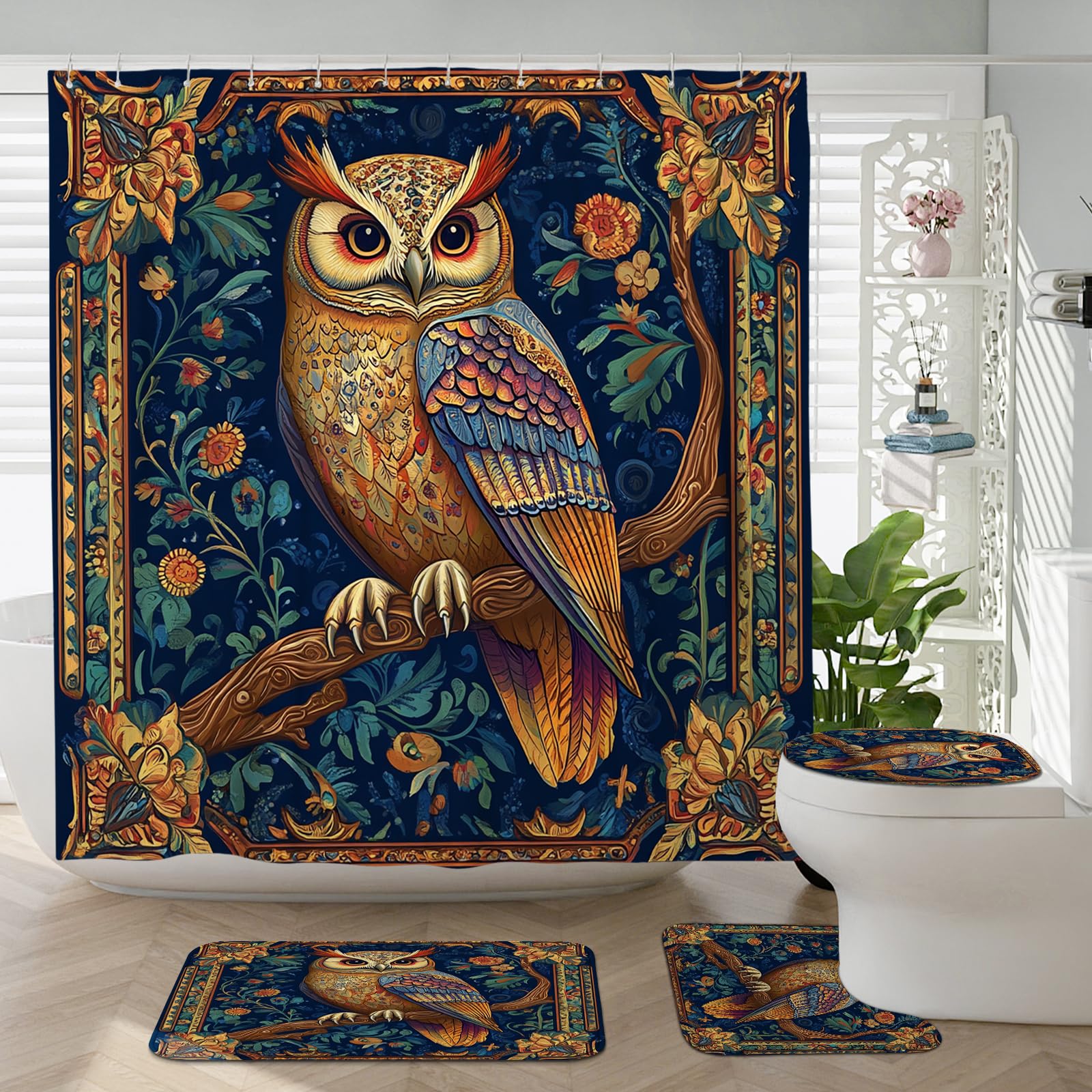 4PCS Novelty Plant Owl Bathroom Accessory Sets with Non-Slip Rug, U Shape and Toilet Lid Cover Mat, Vintage Leaf Rustic Farmhouse Bathroom Fabric Decor-72''x72''
