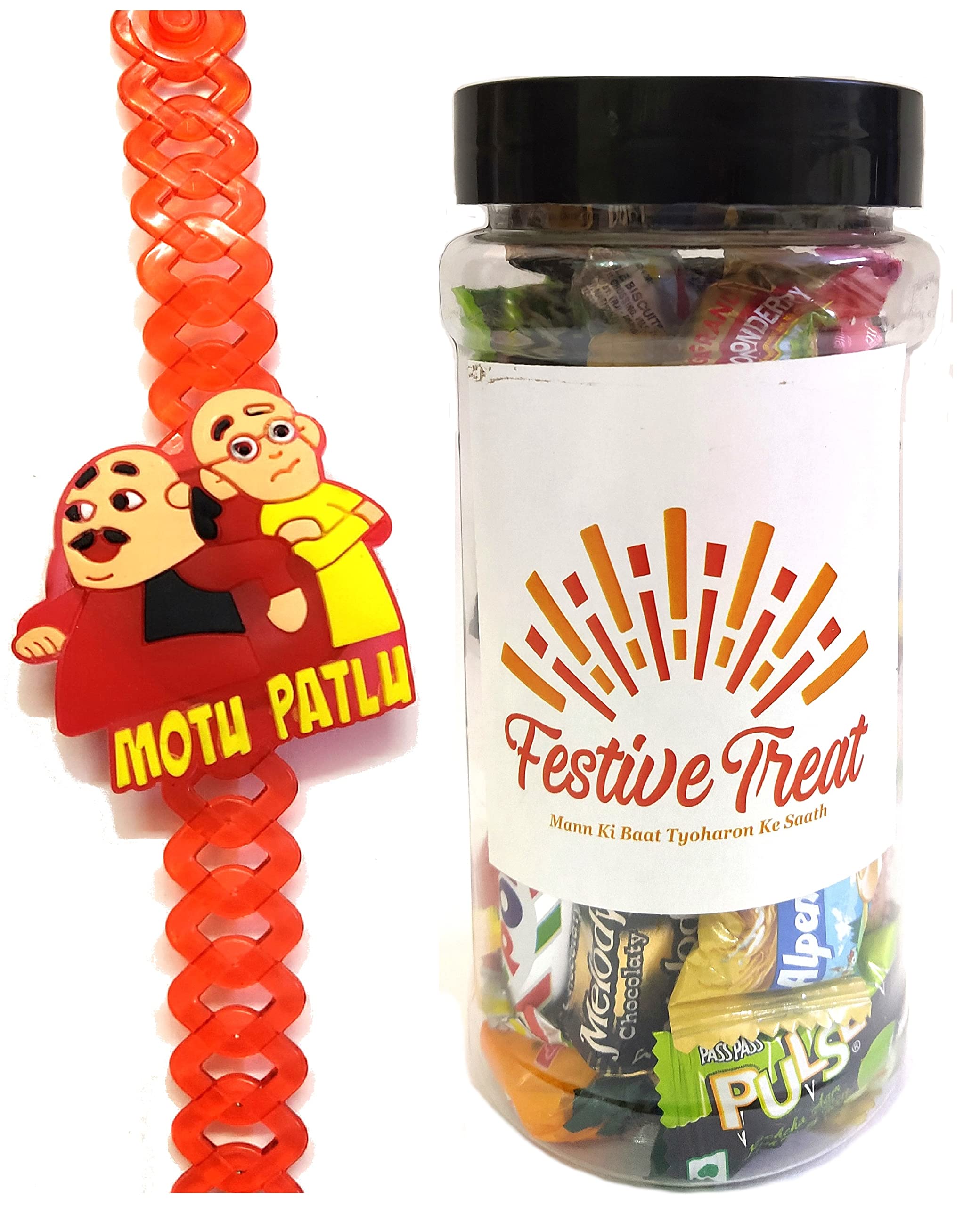 Motu Patlu LED Rakhi for Kids, Festive Treat Jar Gift, Personal Message & Roli Chandan Chawal Mishri Pack for Little Small Bhai Bhaiya Brother-image-30
