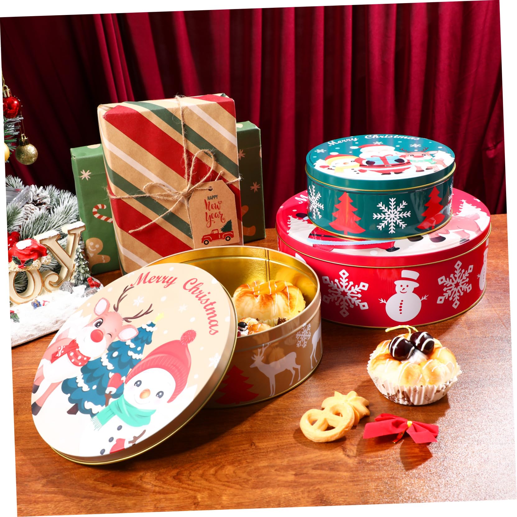 HANABASS Boîte à Biscuits de Noël Ronde avec Couvercle – Conservation Hermétique pour Bonbons, Friandises Et Cadeaux Faits Maison | Articles Et Décorations de Fête Noël 25,0 x 25,0 x 10,0 cm