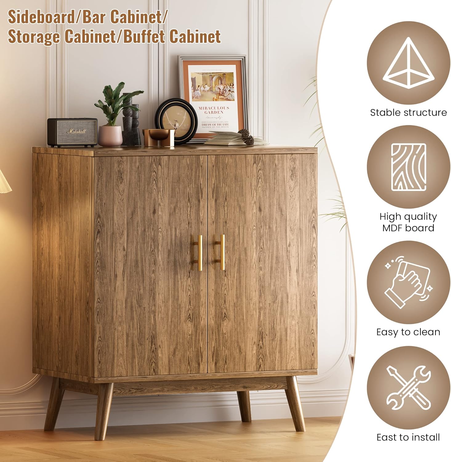 Lamerge Wine Bar Cabinet with Storage, Liquor Kitchen Storage Cabinets with Wine Rack and Glass Holder, Sideboard Buffet Cabinet for Home Coffee Bar, Natural