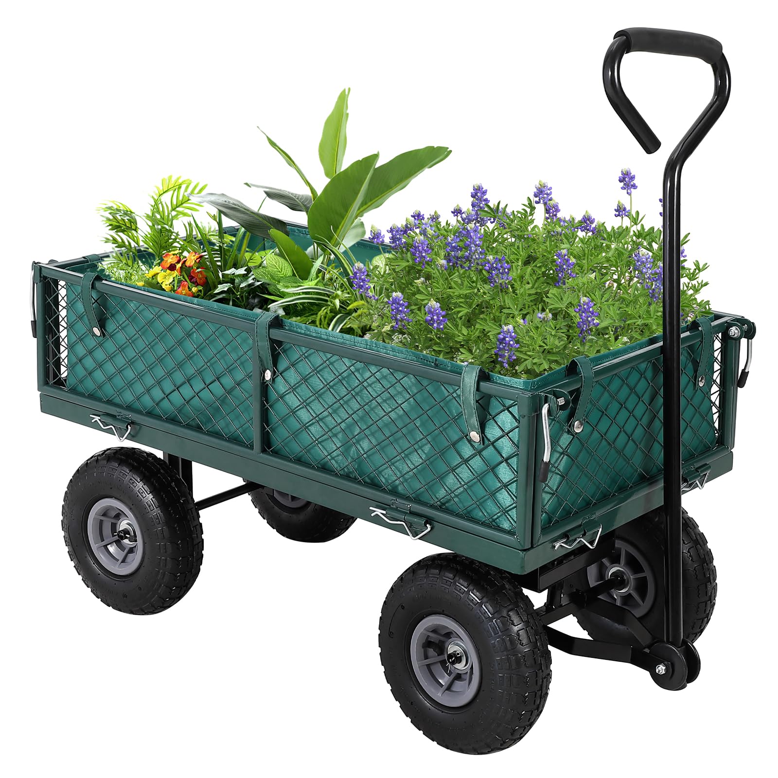 Garvee Chariot de Jardin Robuste 440 lbs – Acier – Côtés grillagés Amovibles – Roues 25 cm – Poignée rotative 180° – Idéal Jardin, pelouse, Ferme, Plage – Vert, capacité 440 lbs