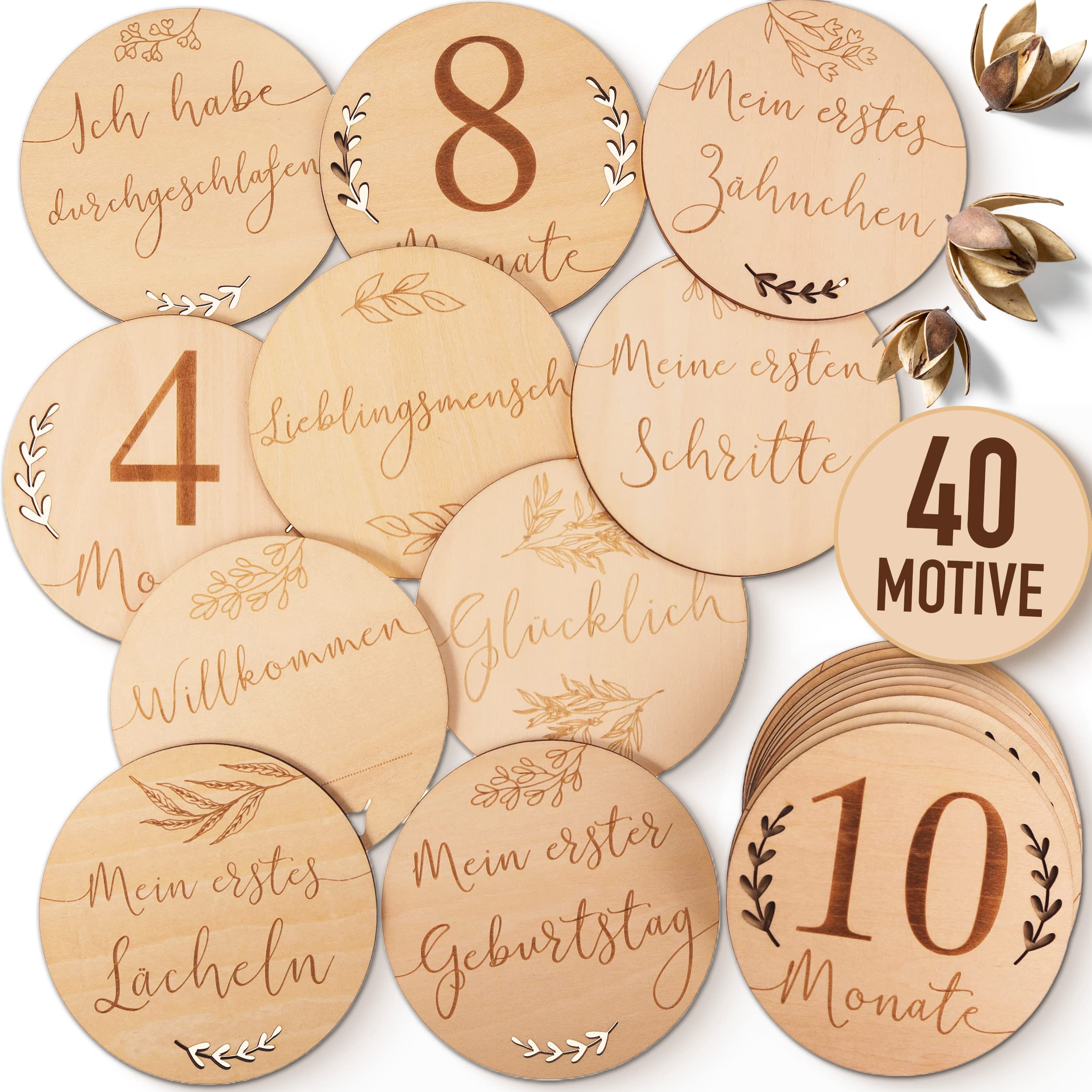 OLGS Meilensteinkarten Holz Baby | 40 Meilensteine inkl. Stoffbeutel | Geschenkidee für werdende Mütter & Eltern | Kind, Geburt, Schwangerschaft verkünden Babyparty | 20 Holzscheiben - Rund Ø 10cm