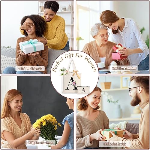 Miniatura 7 de Regalos de cumpleaños personalizados para mujer, bolsa de lona floral con iniciales con 2 bolsillos interiores, regalos de boda para mujeres, dama