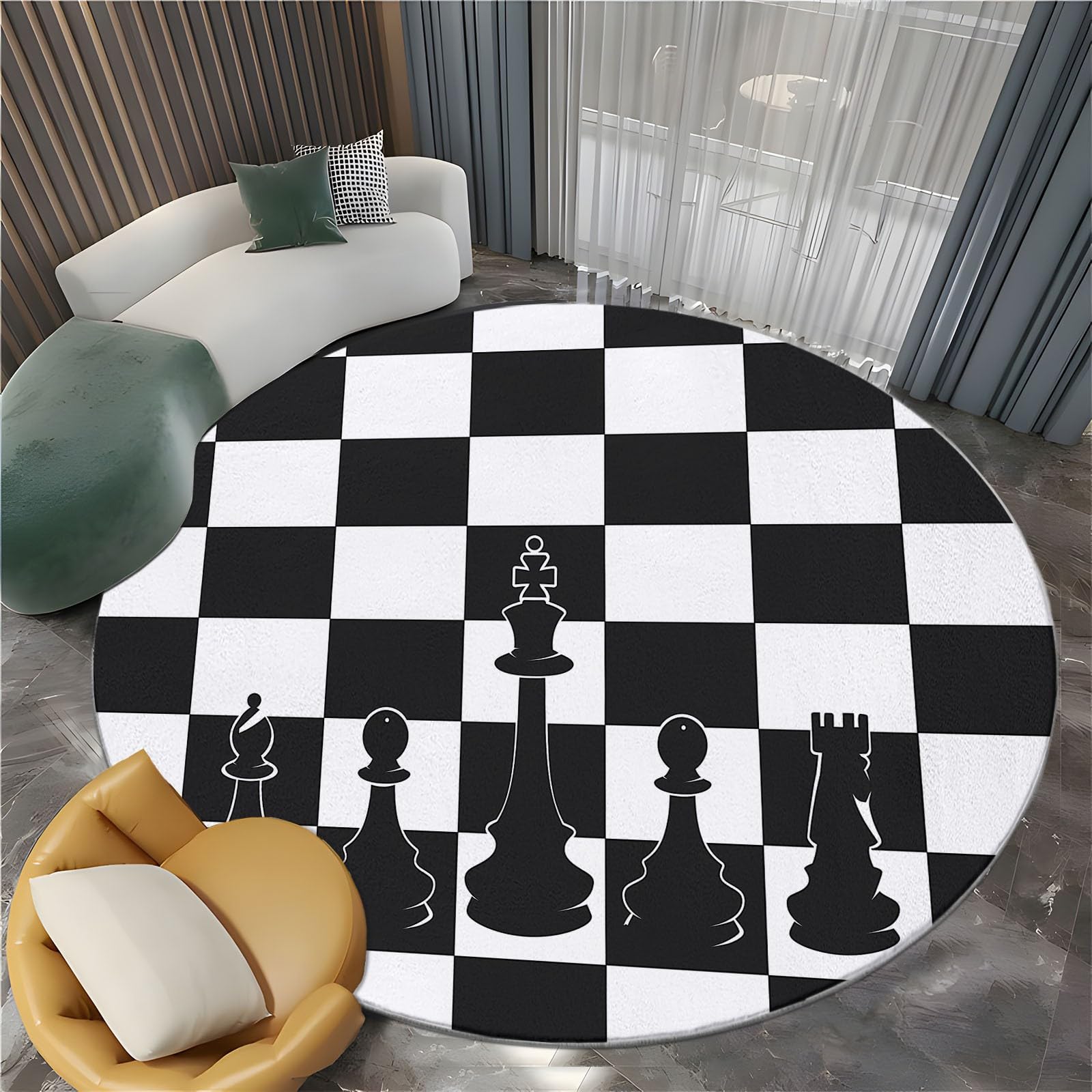Washable Round Rugs Country Chess Board Squares 6 ft Round Rug for Living Room, Vector Art Non Slip Carpets with Rubber Backing - Soft Circle Carpet 6