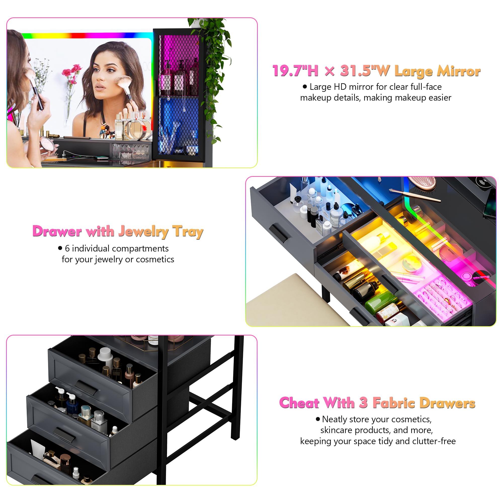 Lvifur Schminktisch Mit Spiegel und Led Beleuchtung für Schlafzimmer,RGB 24 Licht Schminktische mit 6 Schublade und Kabellosem Laden für Wohnzimmer