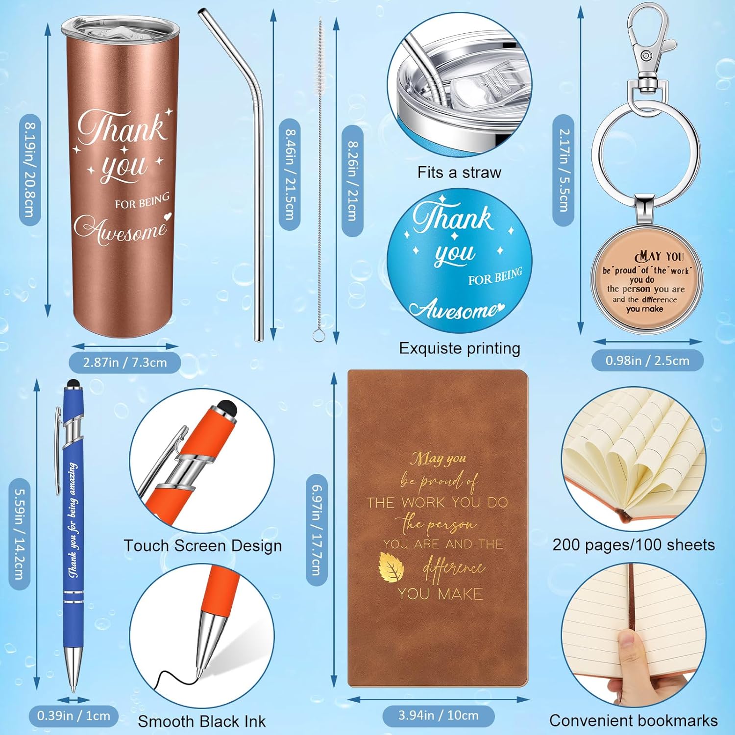 Ireer Employee Appreciation Gifts Thank You Teacher Gifts 20 oz Insulated Tumbler Keychain Pen Notepad(Vibrant Colors,8 Sets)