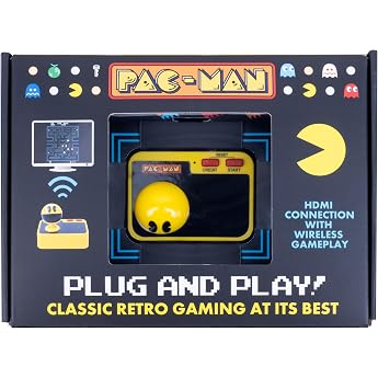 Fizz Creations PAC-MAN Plug &amp; Play Retro Gaming Arcade Game Wireless Controller Included HDMI Cable Classic Pac Man Gameplay