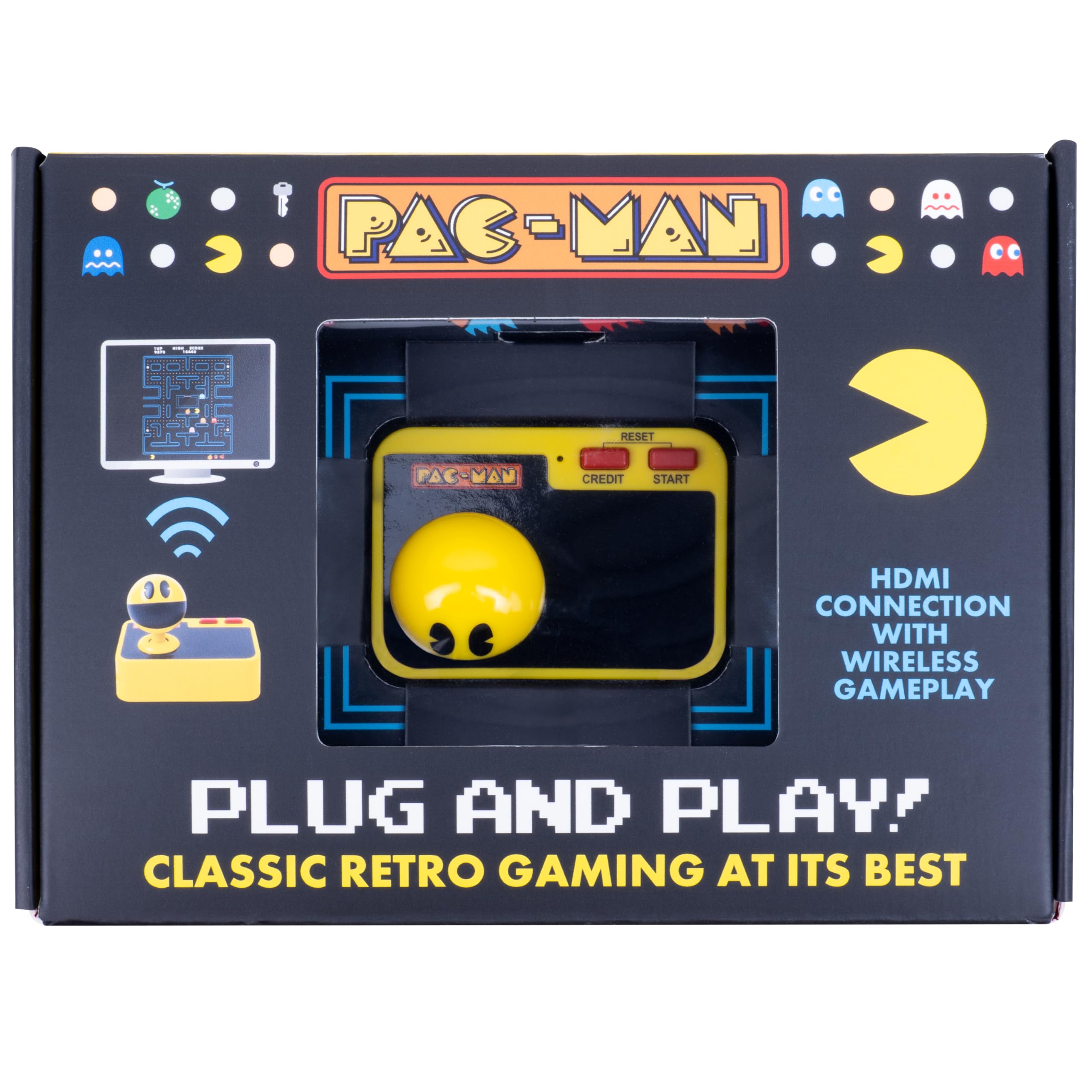 Fizz Creations PAC-Man Plug & Play Jeu d'arcade rétro Manette sans Fil Câble HDMI Inclus Gameplay Classique Pac Man
