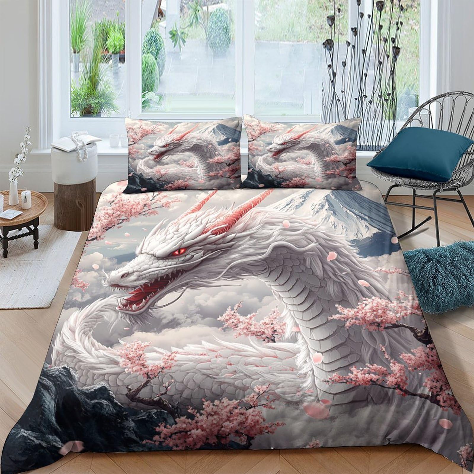 Ctjqhvkz Style-1 3D Printed White Dragon Fitted Sheet Microfiber Cherry Blossom Mattress Cover Bedroom Decor Anti-Slip Washable Single（135X200cm）
