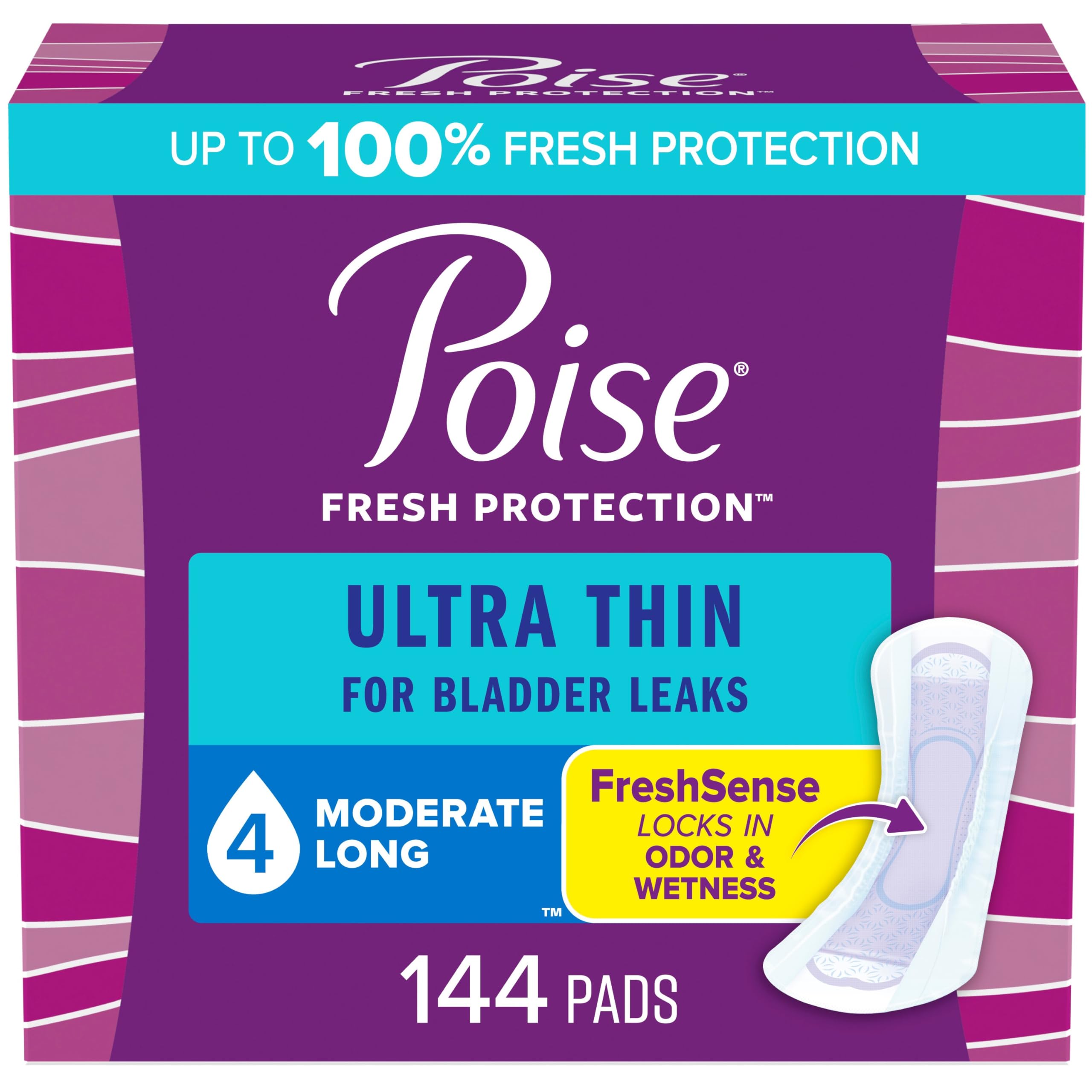 Poise Ultra Thin Incontinence Pads & Postpartum Incontinence Pads, 4 Drop Moderate Absorbency, Long Length, 144 Count (3 Packs of 48), Packaging May Vary