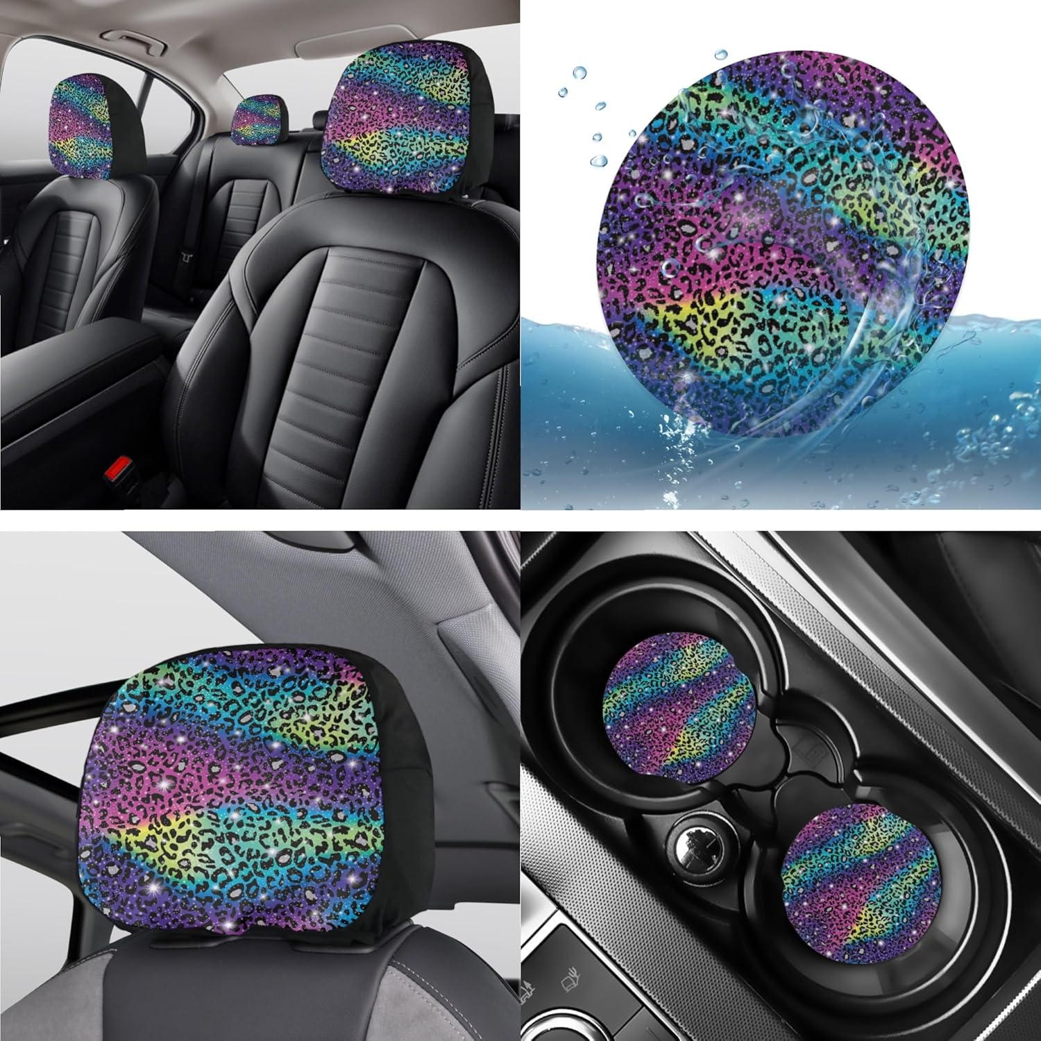 Coldinair 12 Pack Rainbow Glitter Leopard Print Car Seat Covers Full Set with Steering Wheel Cover and Seat Belt Pad,Handbrake Cover Gear Shift Knob Cover,Car Coaster,Keychain,Auto Interior Decoration