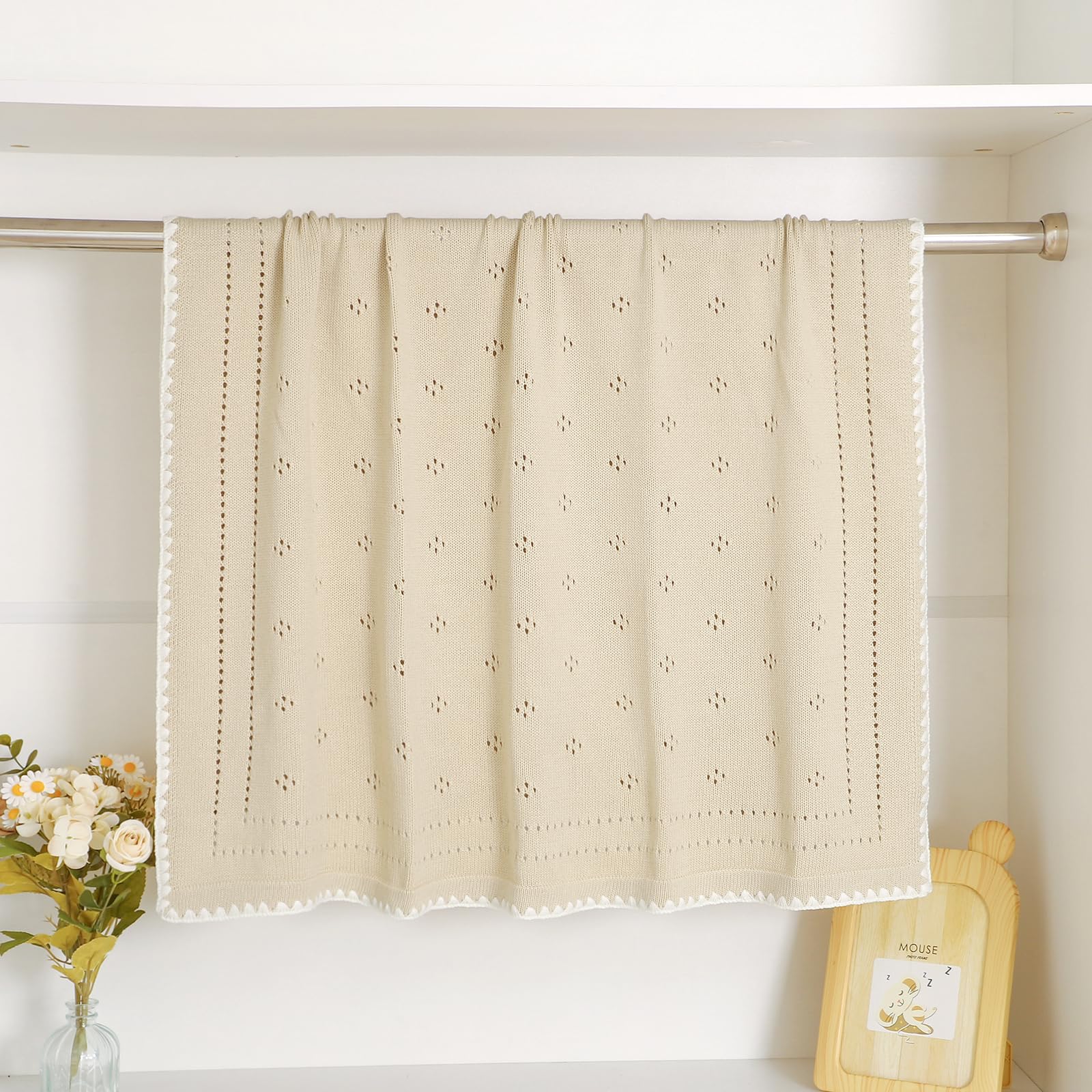 DovFanny 100% Cotton Baby Blanket Knitted Soft Crochet Cellular Blankets for Newborn Boy Girls Toddler with the lovely Edging (Camel) - Image 4