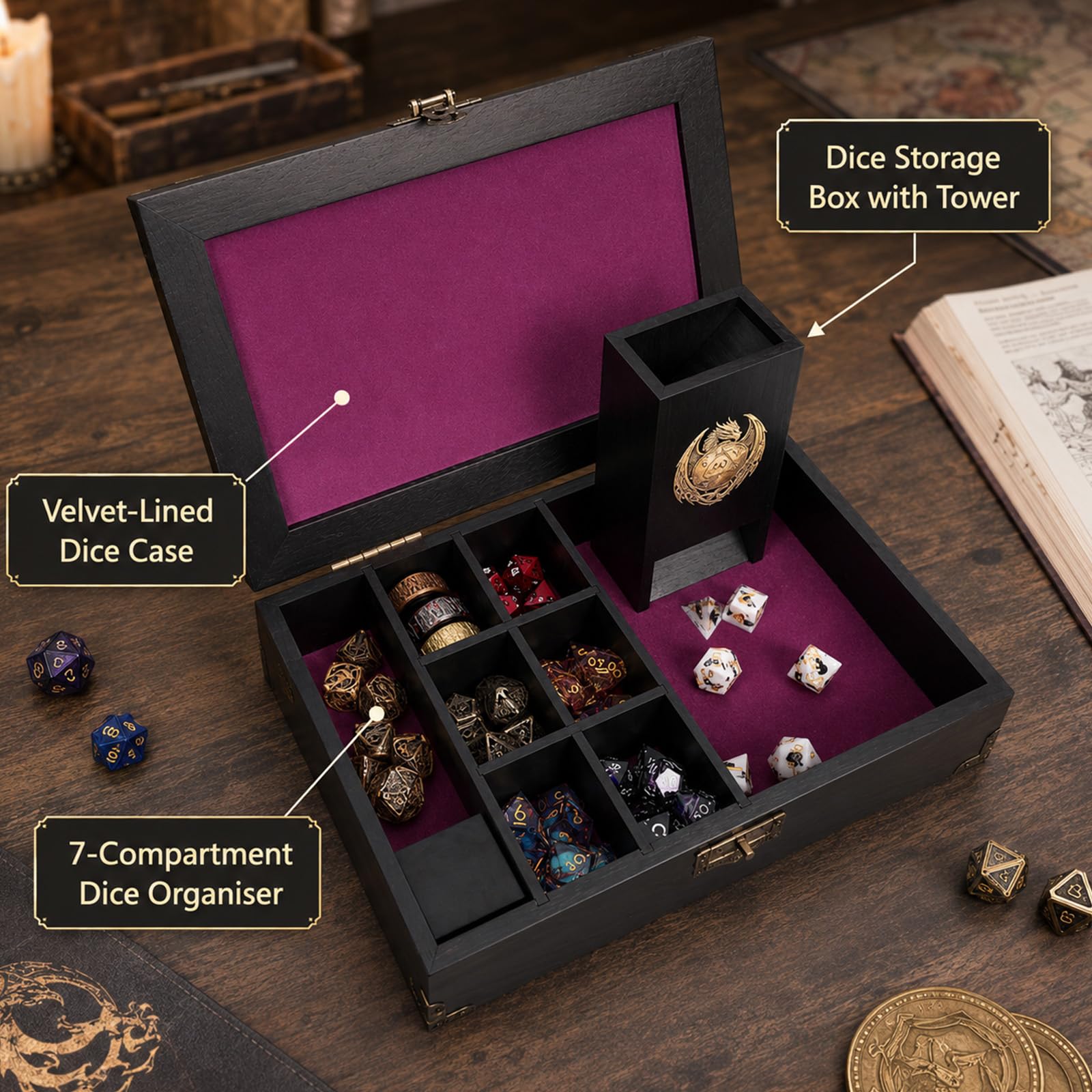 Plateau à dés et tour de rangement – Étui de rangement en bois pour dés – Accessoires de RPG pour jeux de société D&D, cadeaux de joueur (violet)
