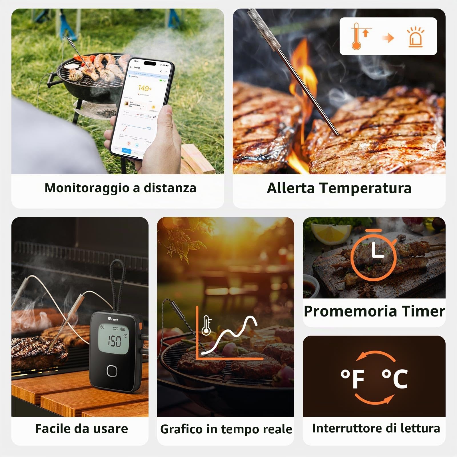 SONOFF BMT01 termometro da cucina a doppia sonda, sonda carne per barbecue, Display LCD con Lettura Istantanea, Timer e Allerta Preimpostata, Adatto per BBQ, Grigliate, Cottura e Forno.