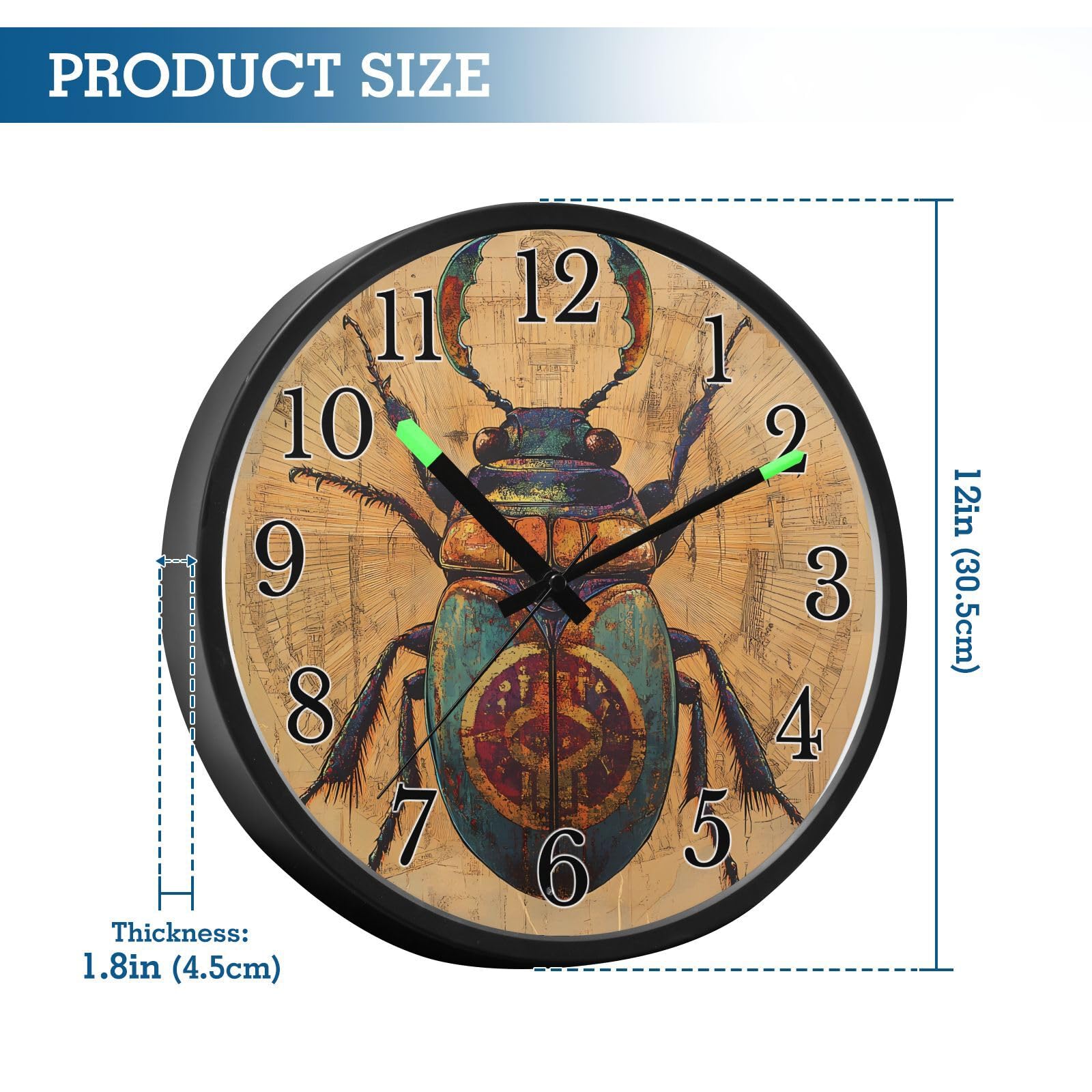 Mnsruu Reloj de pared con diseño de insectos, luminoso, funciona con pilas, silencioso, brilla en la oscuridad, para sala de estar, cocina, 12 pulgadas