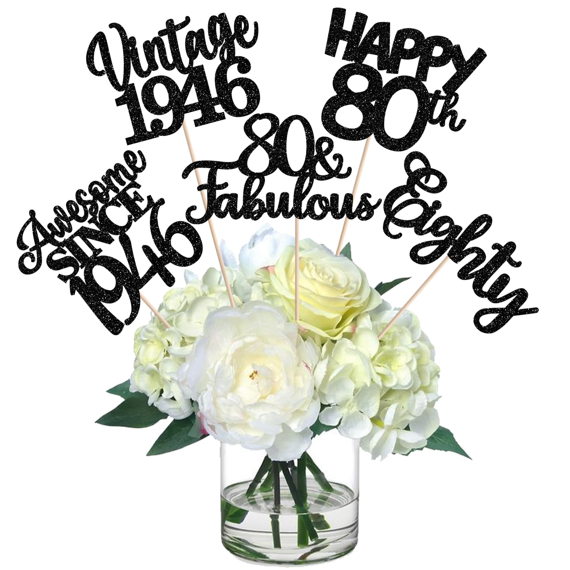 15 PCS Black 80th Birthday Centerpiece Sticks Double Sided Eighty Happy 80th Vintage 1946 Table Flower Centerpieces Sticks Cheers to 80 Fabulous Floral Decorations for 80th Birthday Party Supplies