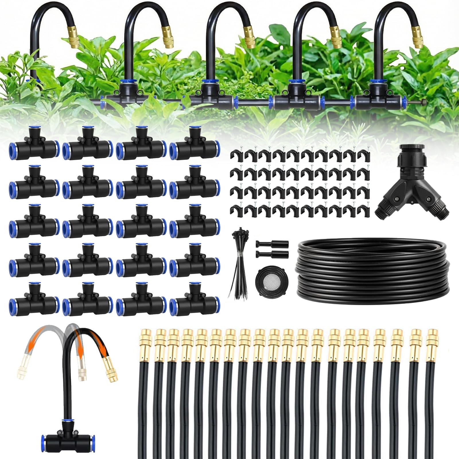 Photo 1 of 100ft 1/4-Inch Drip Irrigation Kit with 16 Adjustable Copper Nozzles, Automatic Atomizing Watering Sprinkler System for Garden, Raised Beds, Lawn, Greenhouse & Patio