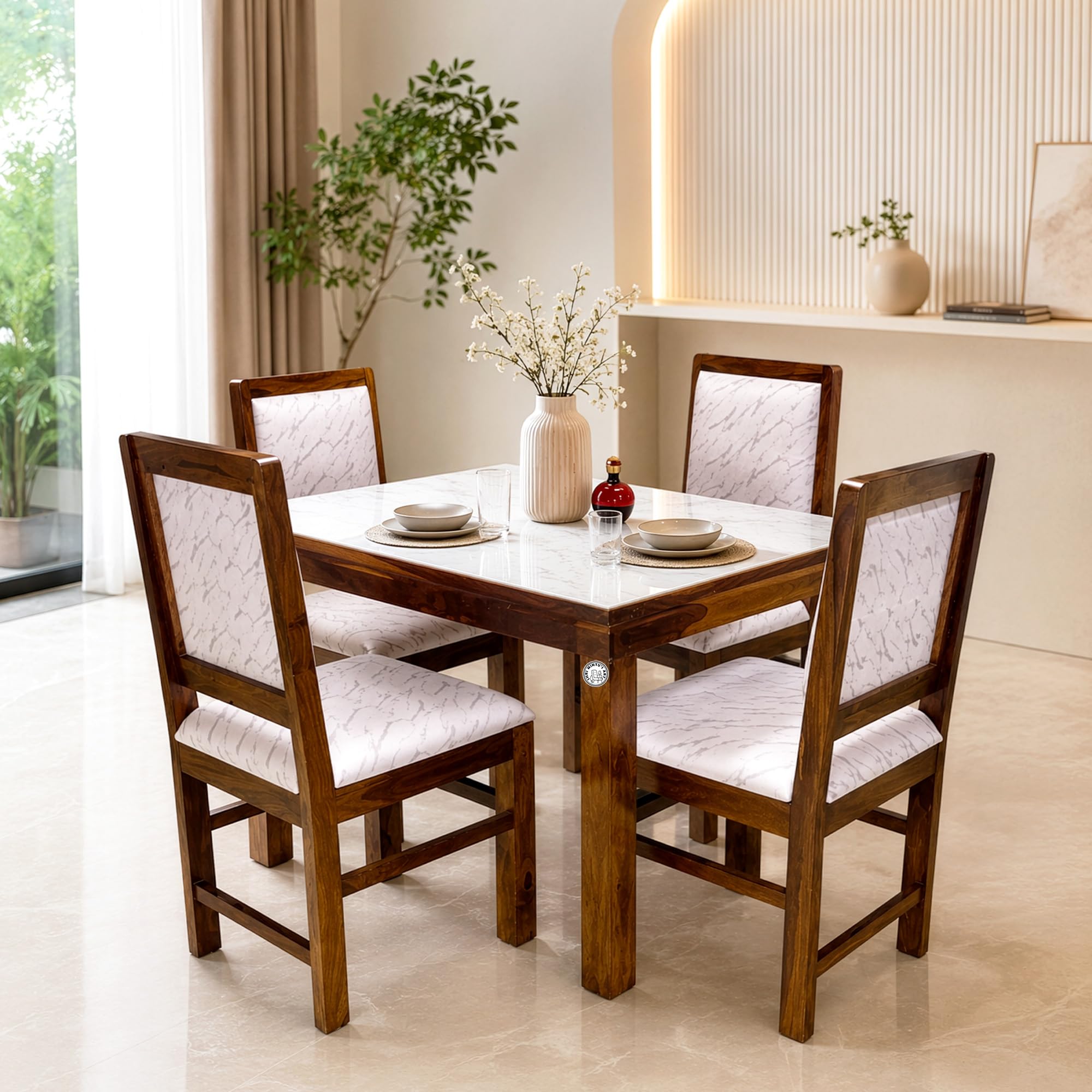 Shri Mintu's Solid Sheesham Wood 4 Seater Dining Table Set with Marble Finish Top & Cushioned Chairs | Modern Wooden Dining Table Set for Home, Kitchen & Dining Room (Honey Finish)-image-49