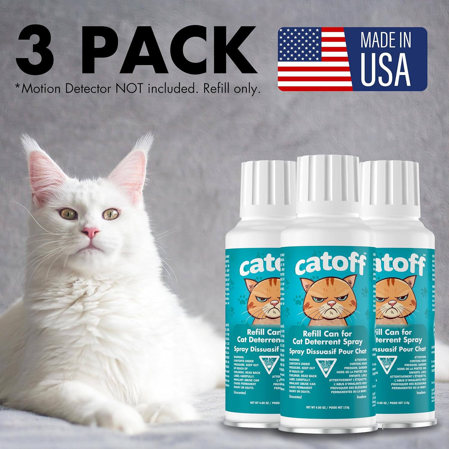 CatOFF Pack of 3 Refill Compatible with SSSCAT Indoor Cat Deterrent Spray System, Made in USA, 3.89 oz / 115 ml