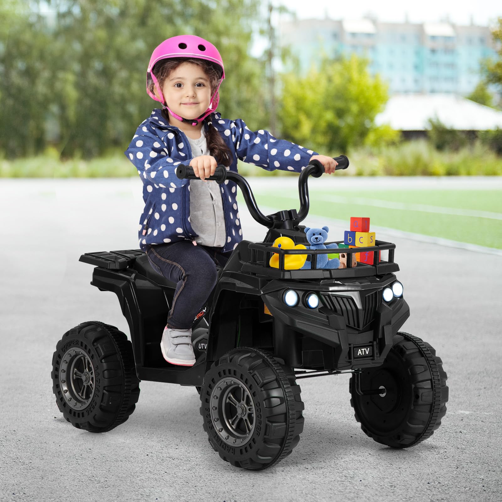 GOPLUS Quad elektryczny dla dzieci 6 V, dla dzieci Ride-On ATV z uruchamianiem jednym przyciskiem, odtwarzacz MP3, reflektory LED i kosz do przechowywania, samochód elektryczny dla chłopców i