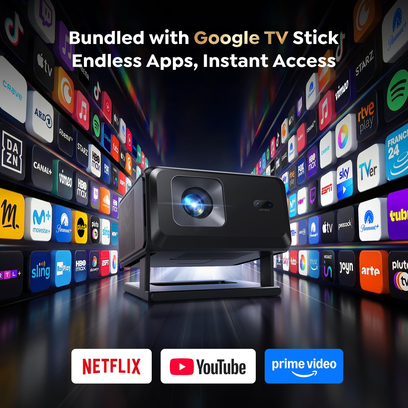 TOPTRO Smart Projector [Bundled with Google TV Stick & 4K Support] with WiFi and Bluetooth, Portable Mini Movie Short Throw Projector Outdoor with Built-in Apps Auto Focus for Home Theater Bedroom Ceiling in use