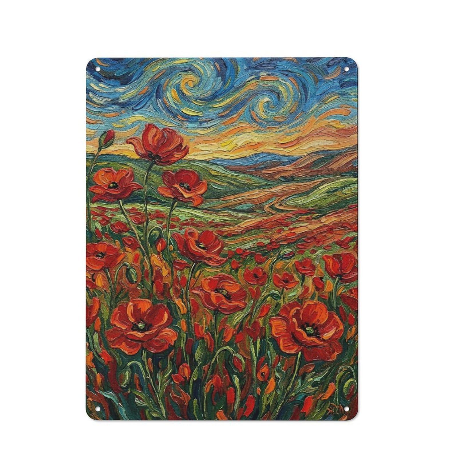 Junmoney Style-8 Vintage Tin Sign 40X30cm With Poppy Field Painting For Home Office Or Studio, New Home Wall Decor For Creative Workspace Decorators