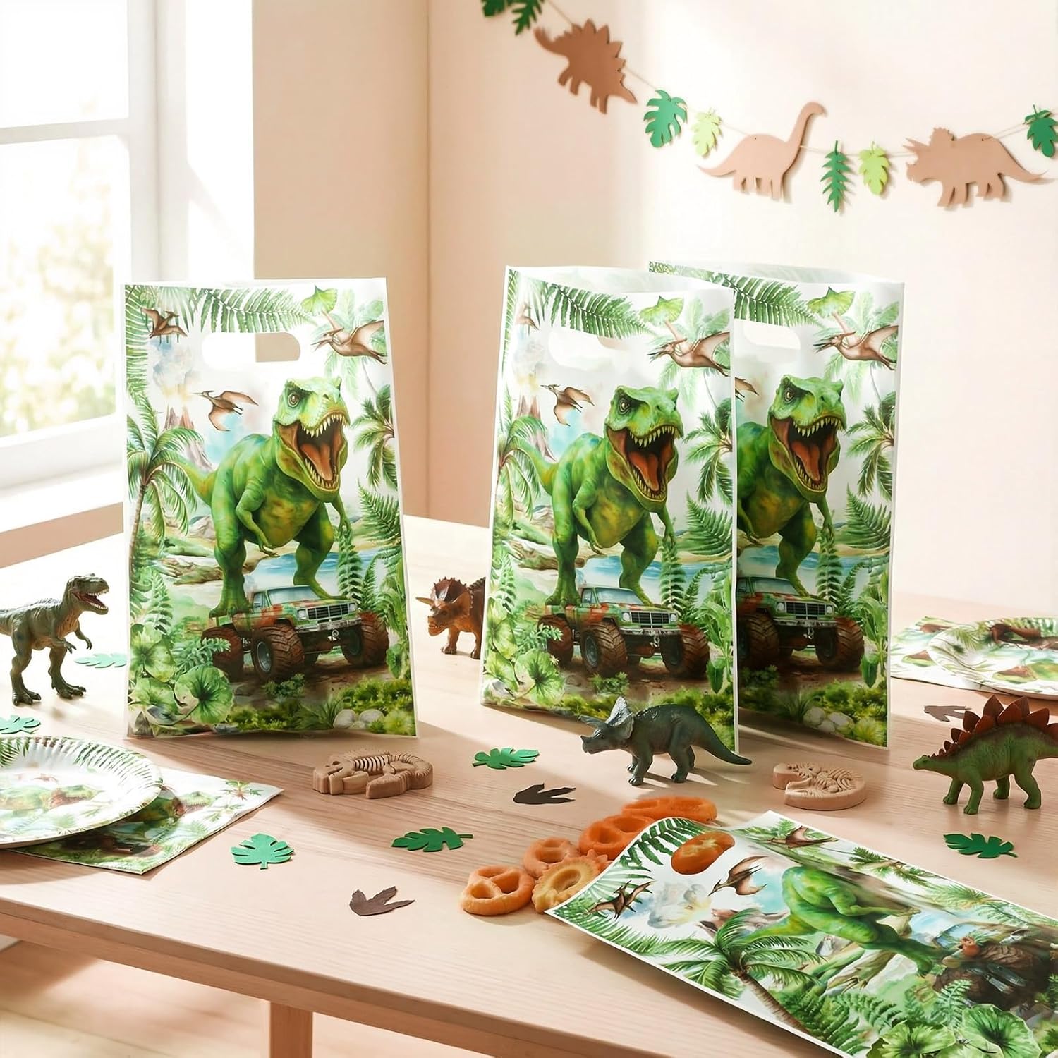 Funrous 50 Pcs Dinosaur Goodie Bags Dino Party Favor Bags with Handles Bulk Plastic Dinosaur Treat Candy Gifts Pouches Dino Truck Birthday Themed Decorations for Party Supplies Baby Shower Decor