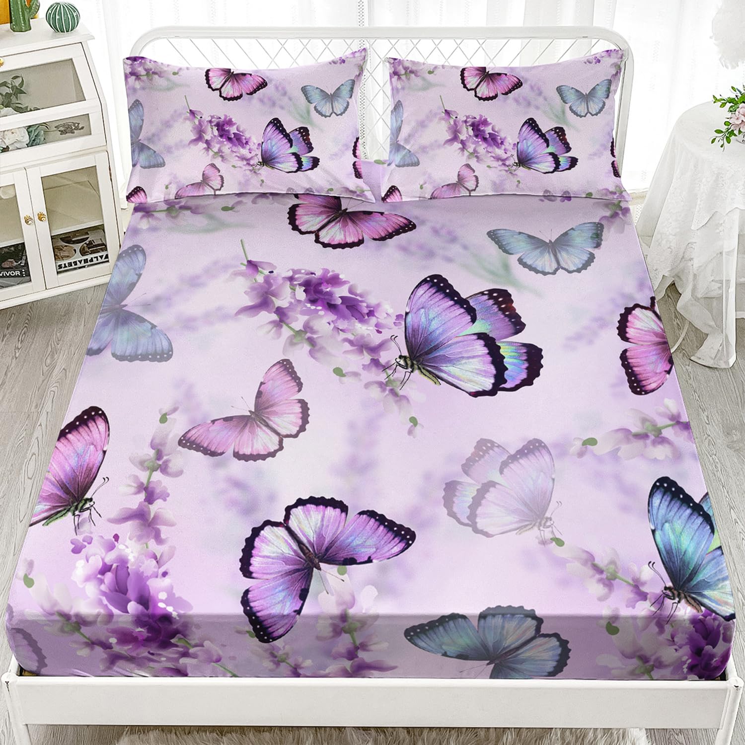 XYNHML Butterfly Lavender Fitted Sheet Deep Pocket Kids Colorful Butterfly Quilt Bed Sheet Full for Kids Boys Girls Include 1 Fitted Sheets & 2
