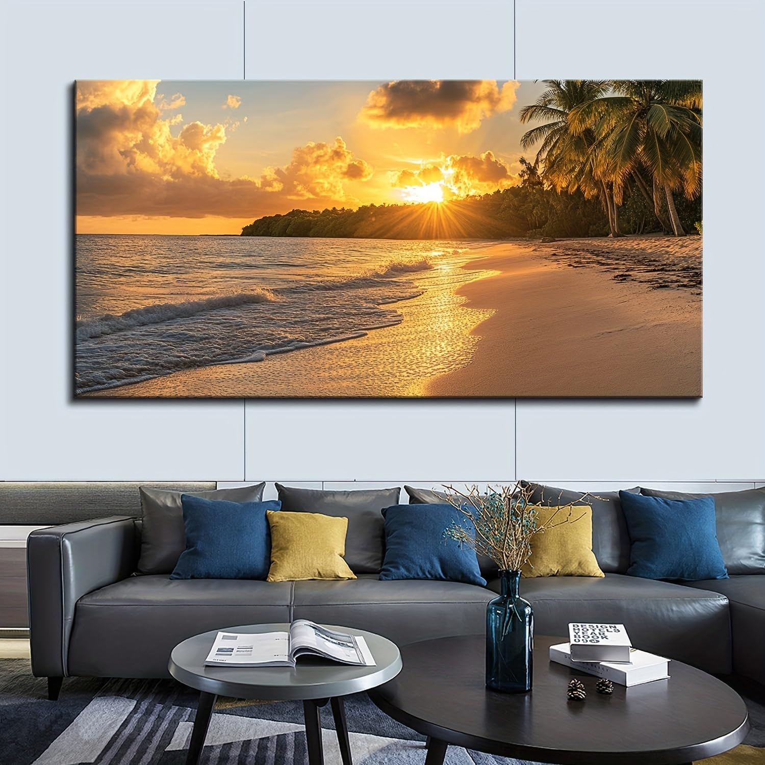 AEFOUU Large Modern Seascape Canvas Art Print - Sundown Painting of Tropical Palm Trees Painting Pictures Modern Home Wall Decor(30x60cm/12x24in/Frameless)