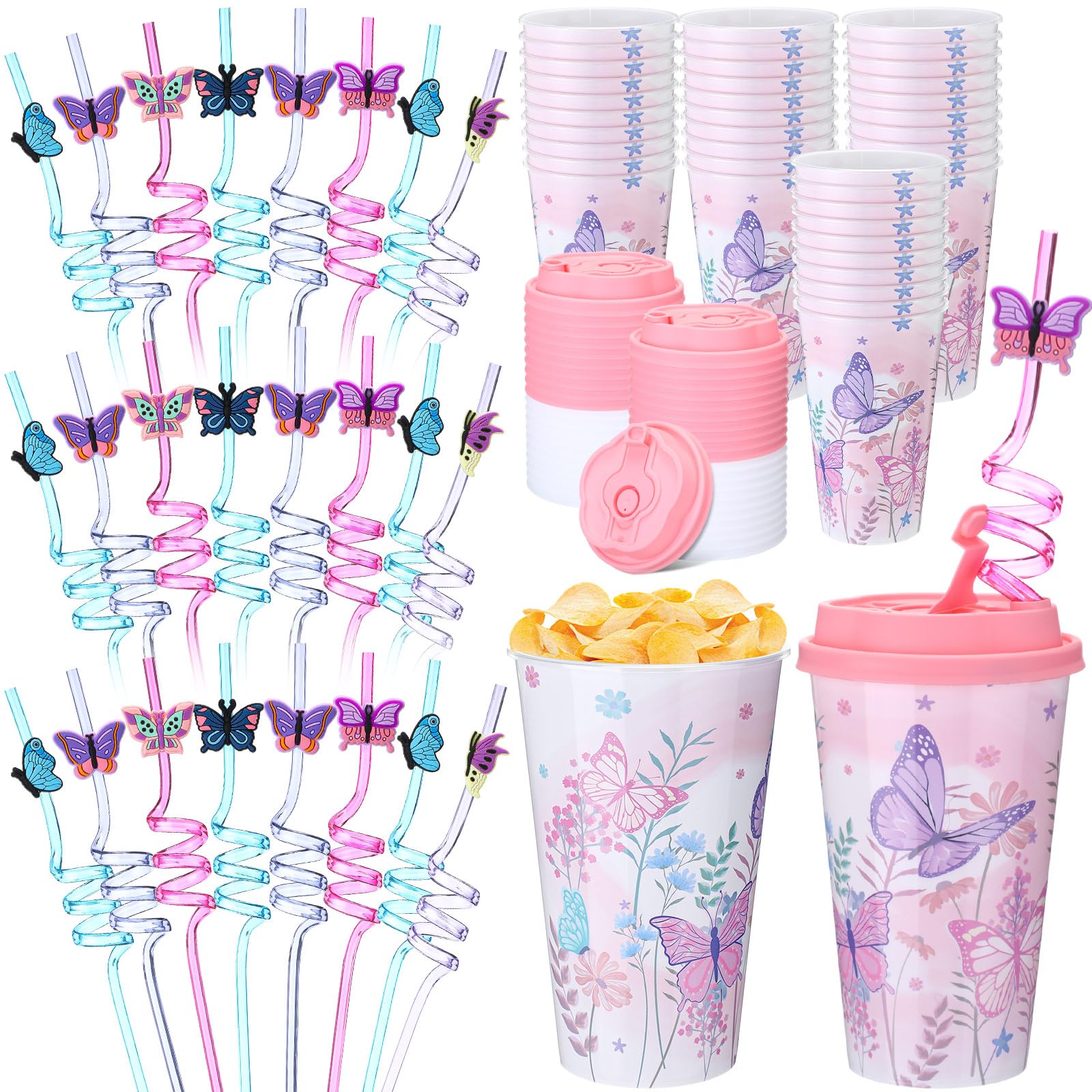Yungyan 16 Sets Butterfly Party Favors Goodie Cups with Lids and Straws for Birthday Decorations Reusable 16oz Plastic Candy Cups Plastic Straws for Birthday Party (Butterfly)