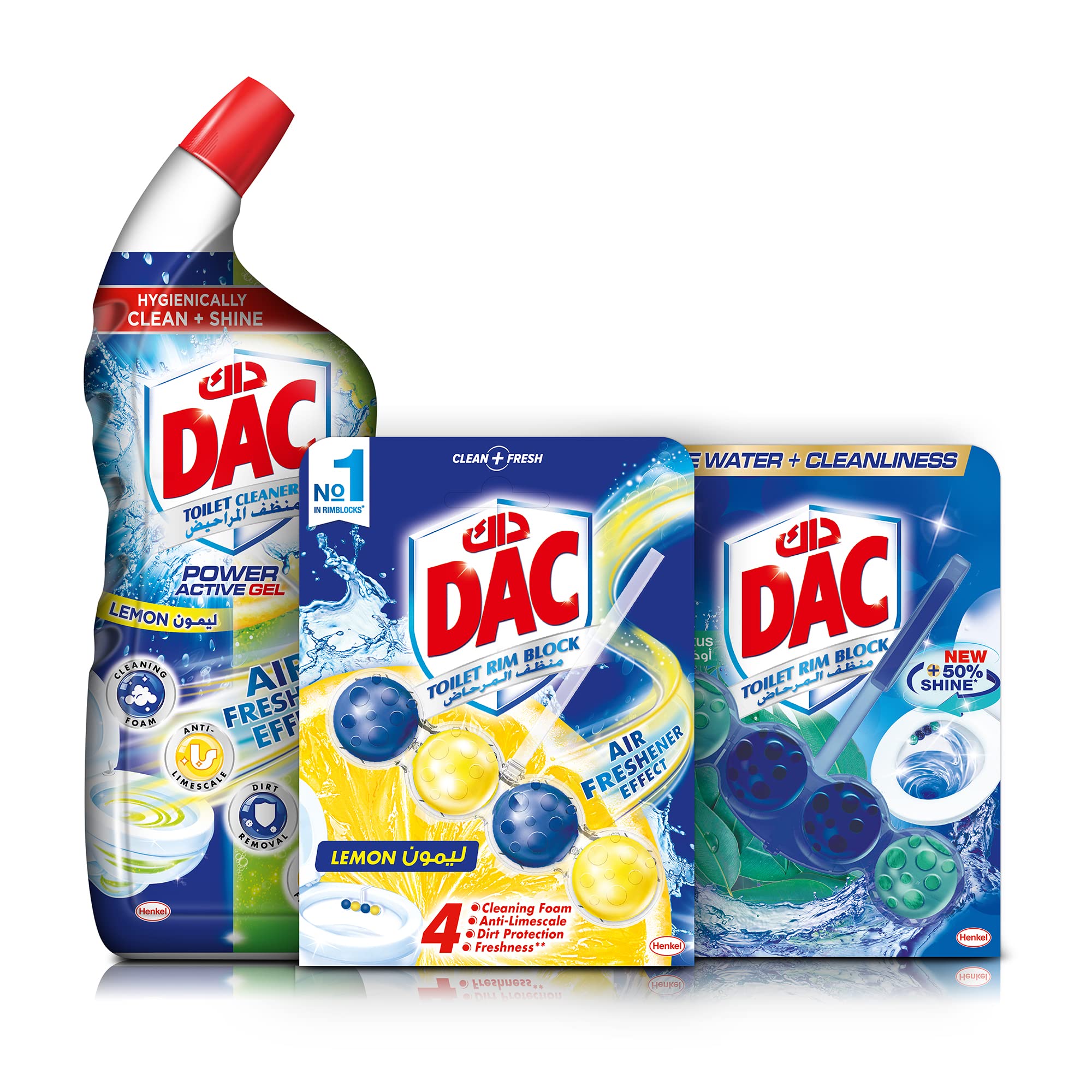 DACToilet Cleaner, With Self-active Formula, For a Shiny, Fresh & Germs-free Toilet, Lemon + Dac Toilet Rim Block, Lemon + Eucalyptus, Pack of Three (750ML + 2x50G)